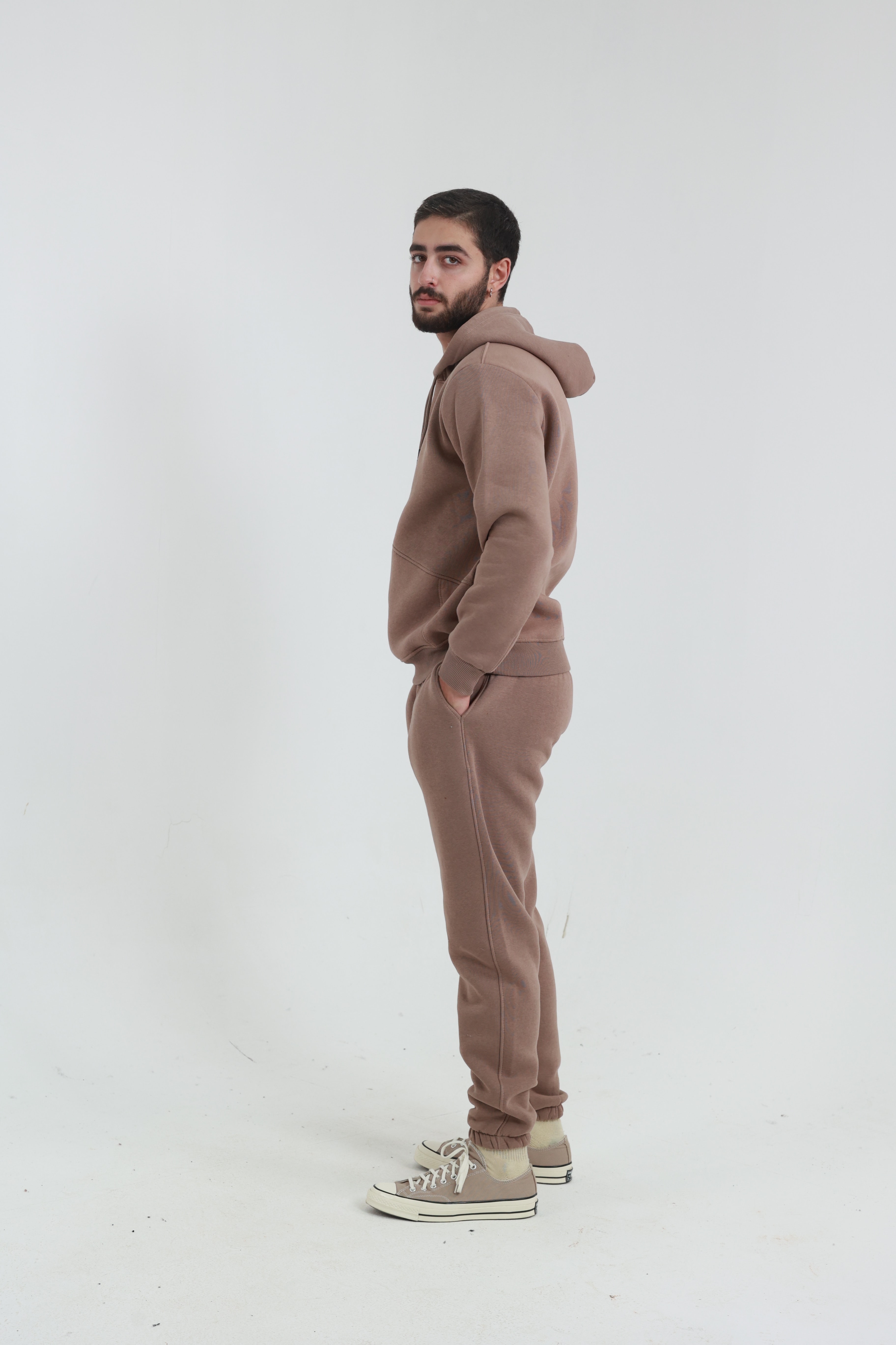 Kahverengi Erkek Penye Regular Fit Yandan Cepli Sweatshirt 3 İplik Eşofman Takım