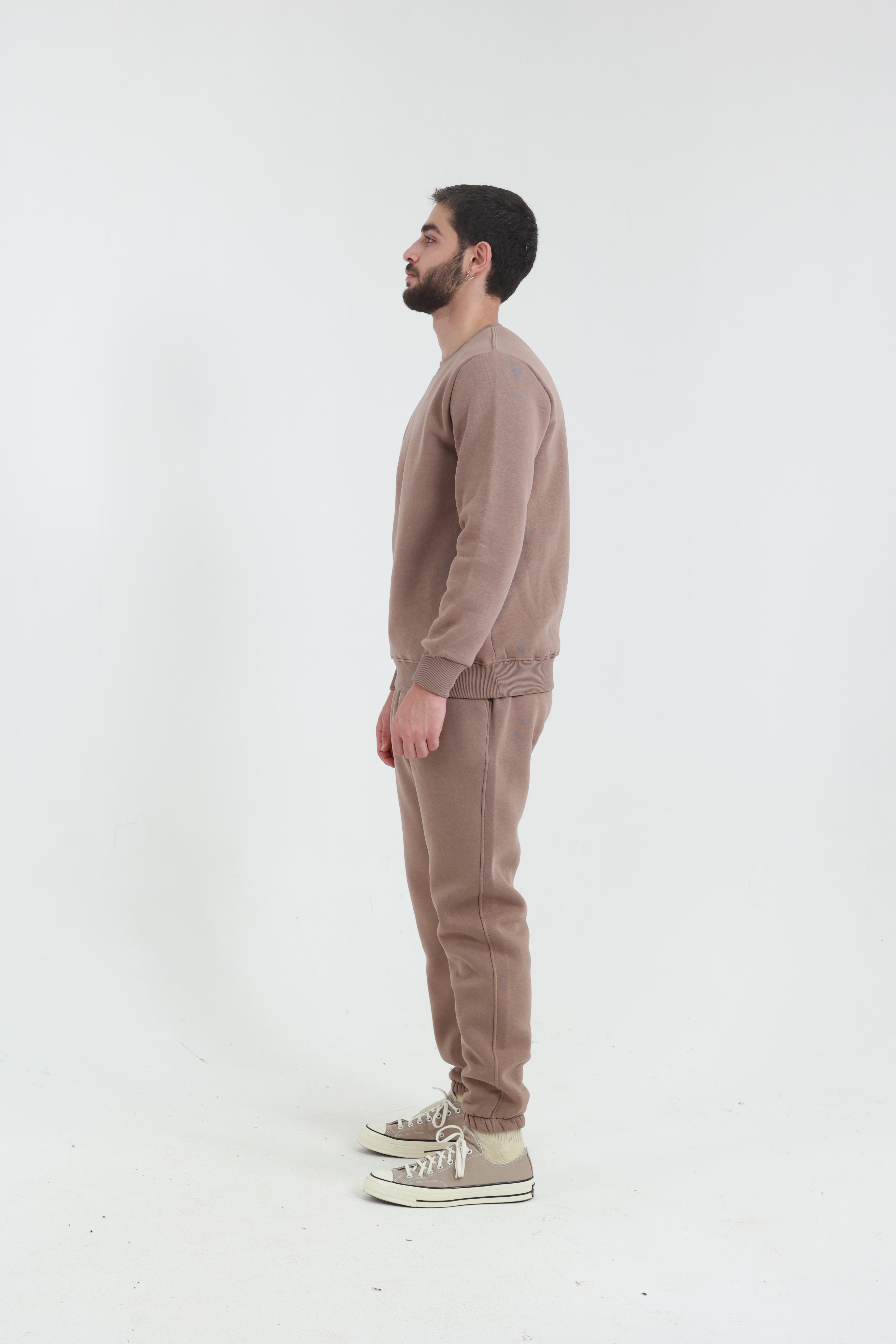 Kahverengi Penye Regular Fit Bisiklet Yaka 3 İplik Eşofman Takım