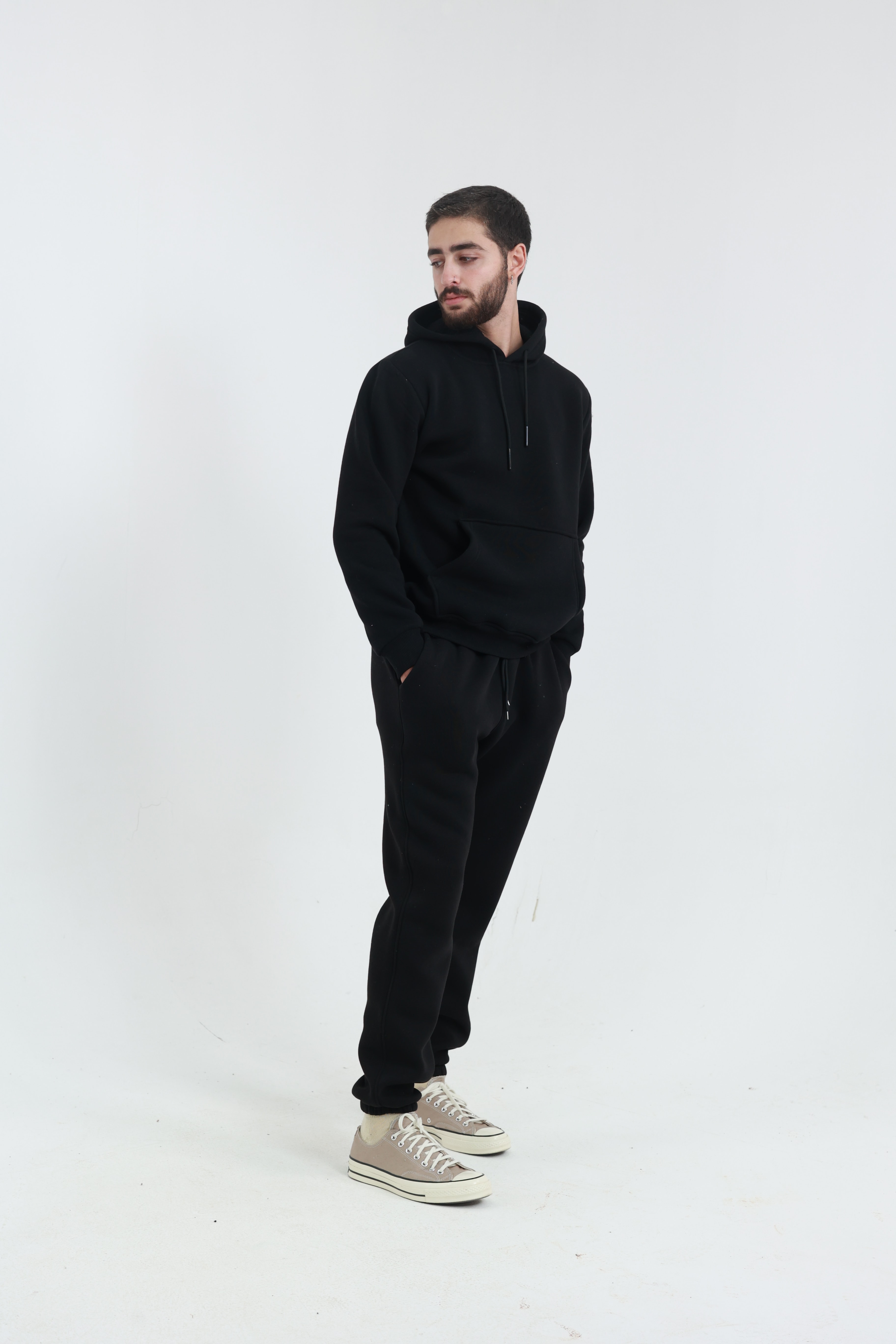 Siyah Penye Regular Fit Kanguru Cepli Sweatshirt 3 İplik Eşofman Takım
