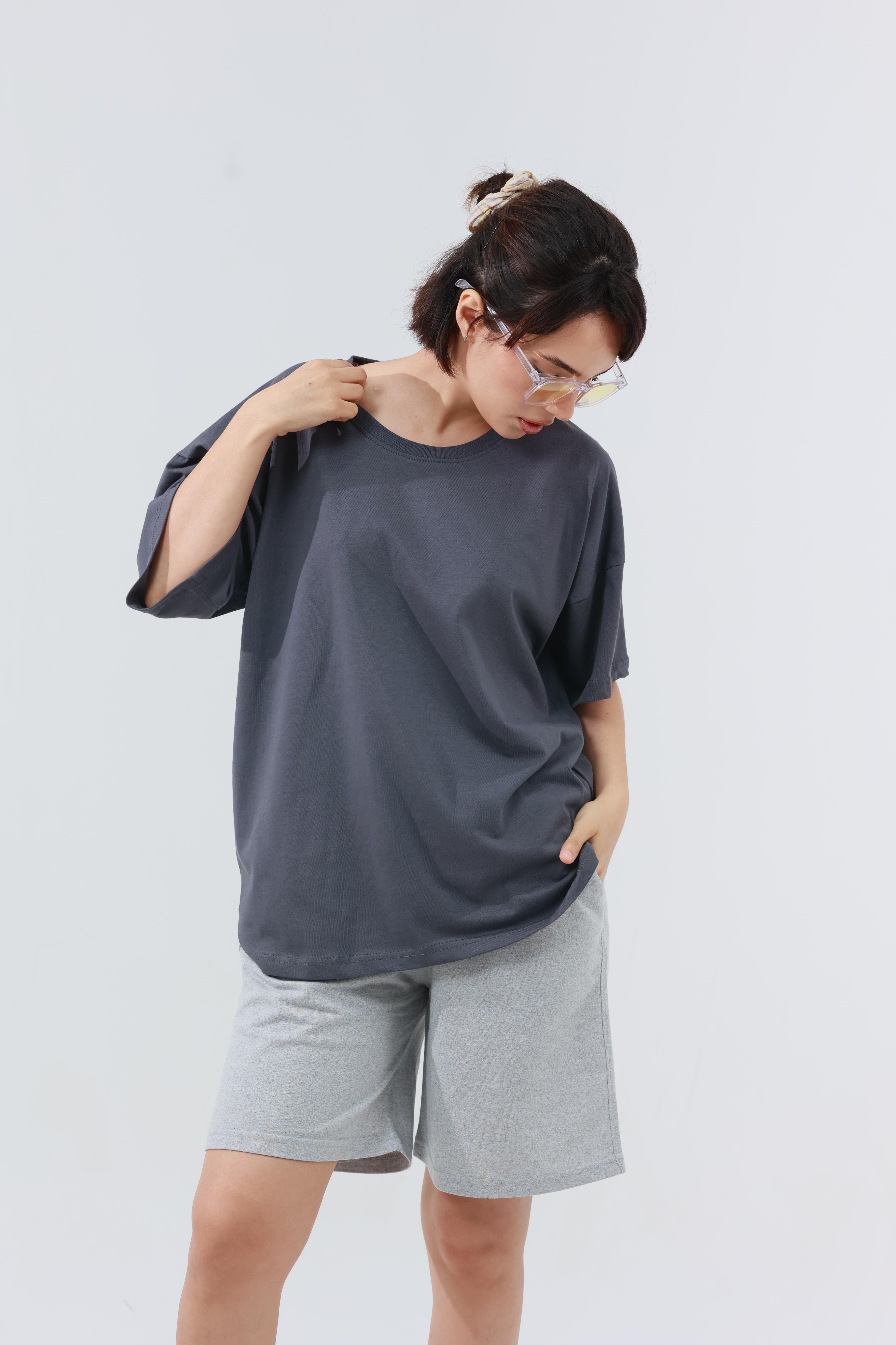 Kadın Penye Oversized T-Shirt Füme