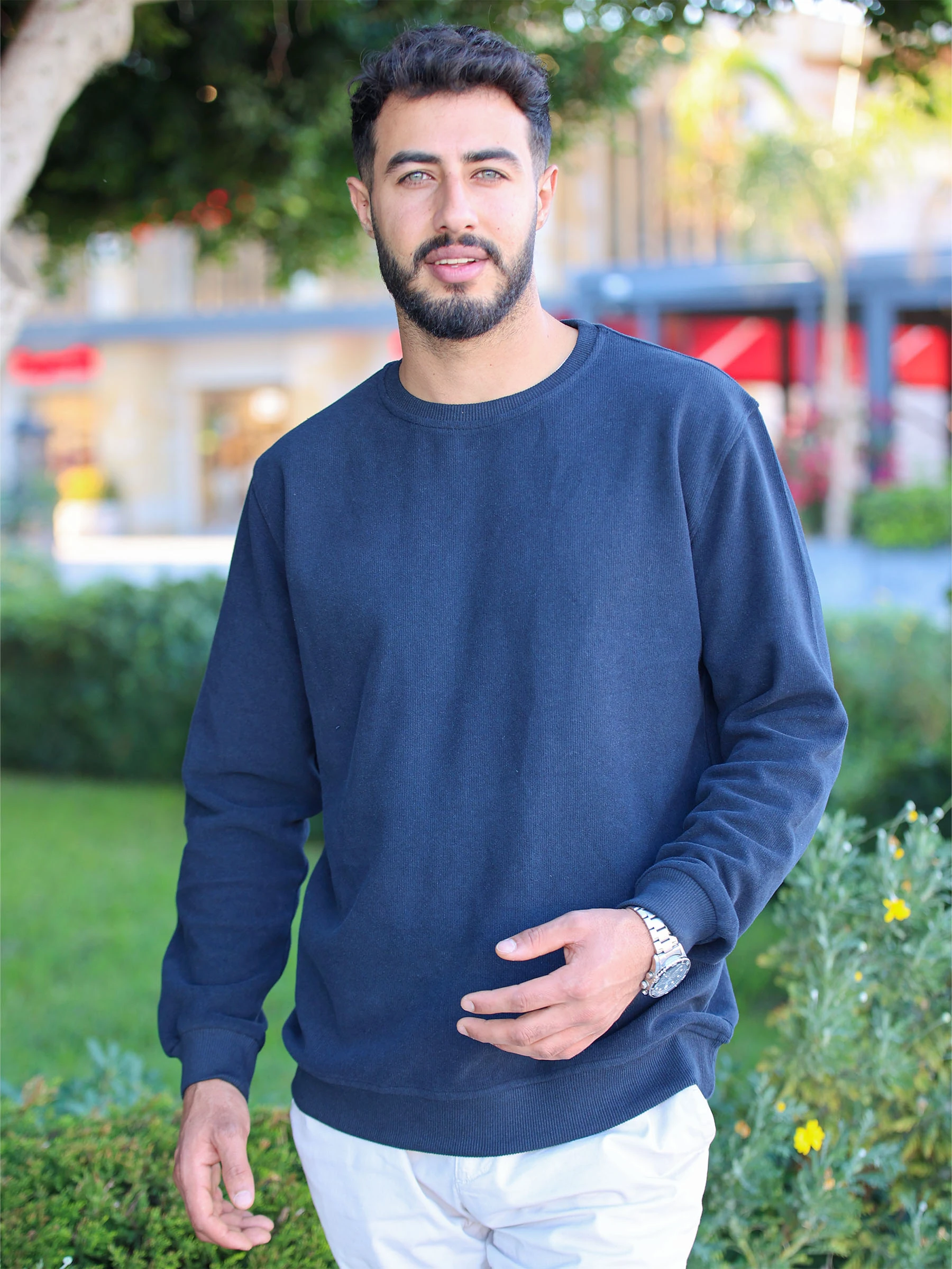 Lacivert Selanik Kumaş Bisiklet Yaka Sweatshirt