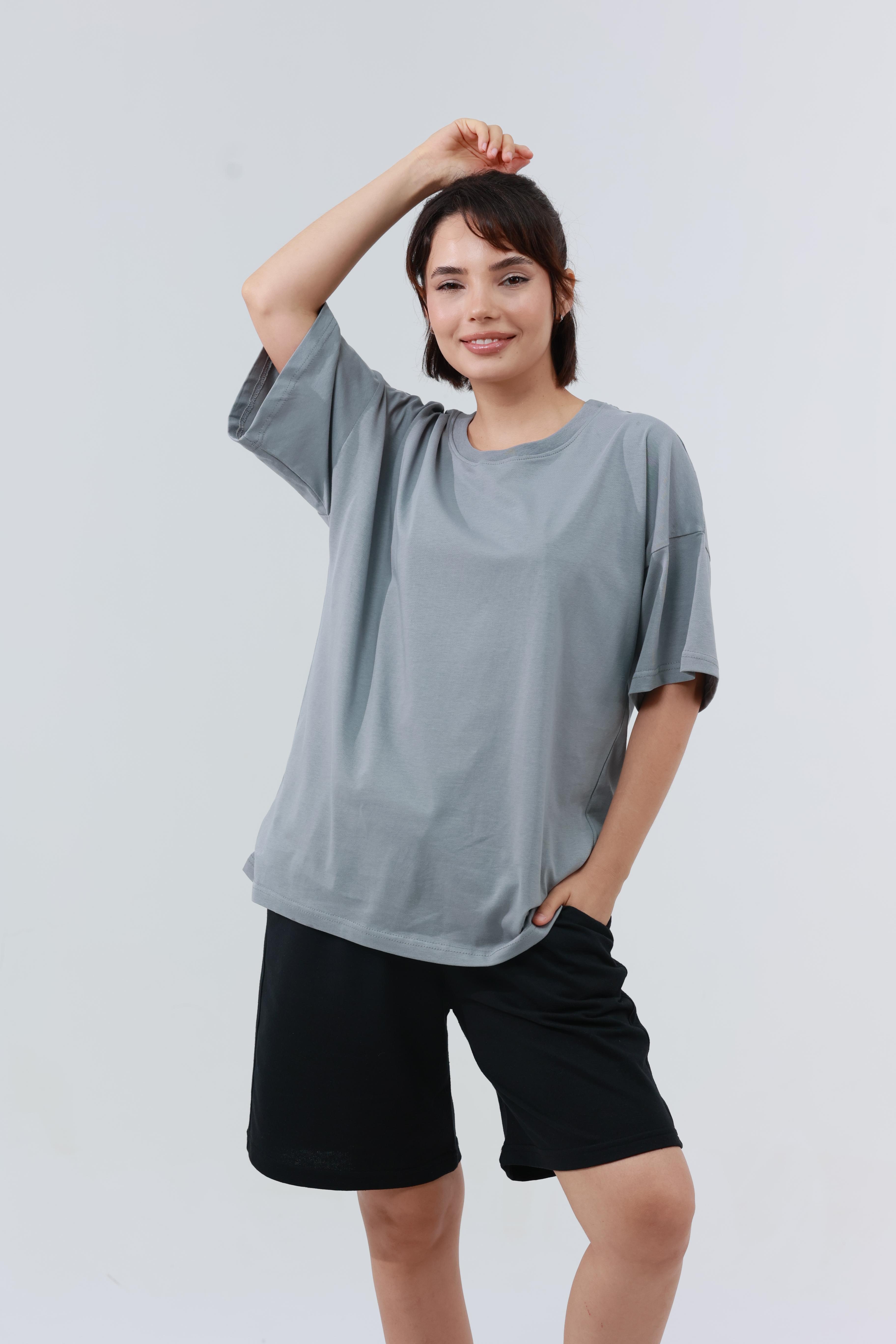 Kadın Penye Oversized T-Shirt Gri