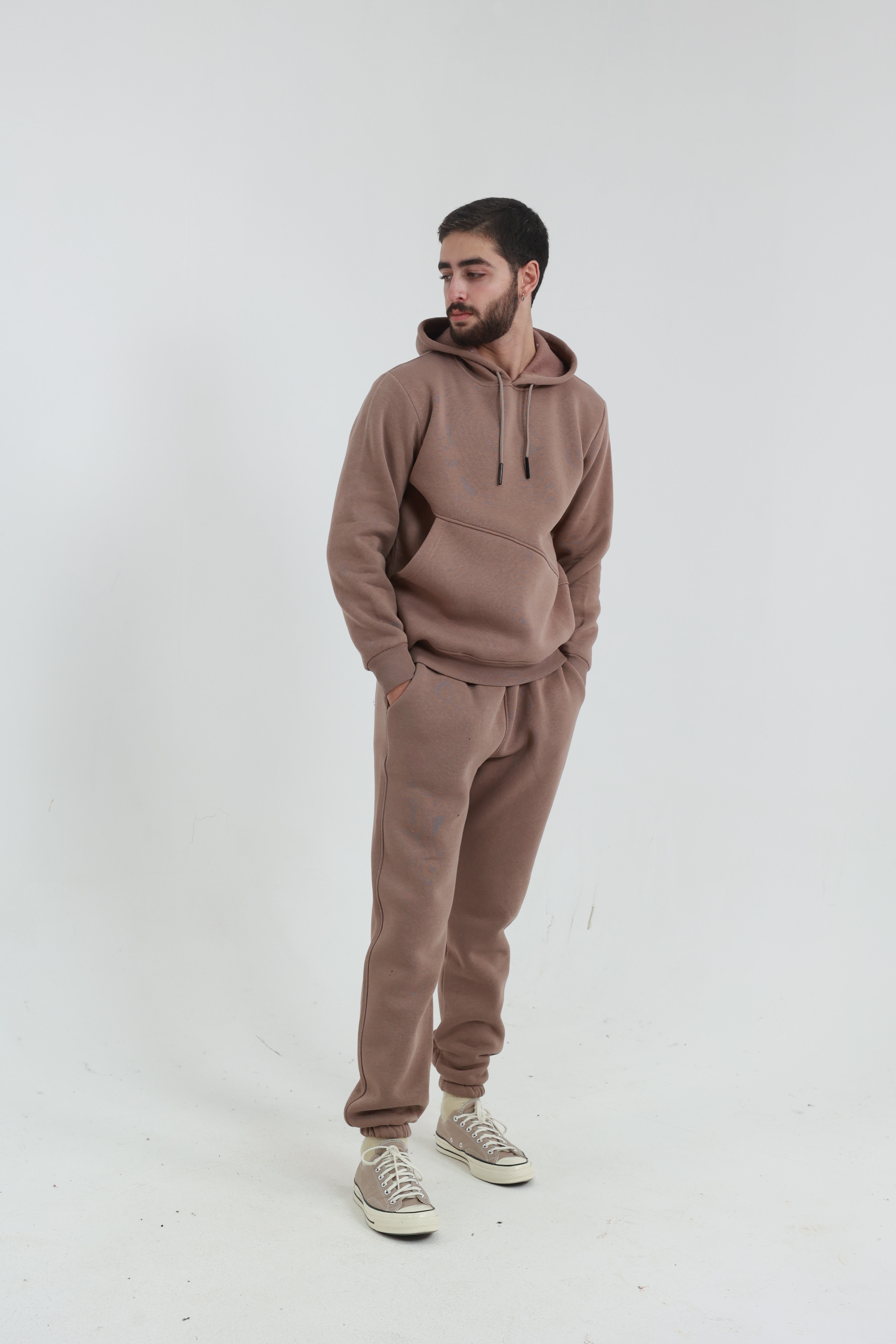 Kahverengi Erkek Penye Regular Fit Yandan Cepli Sweatshirt 3 İplik Eşofman Takım