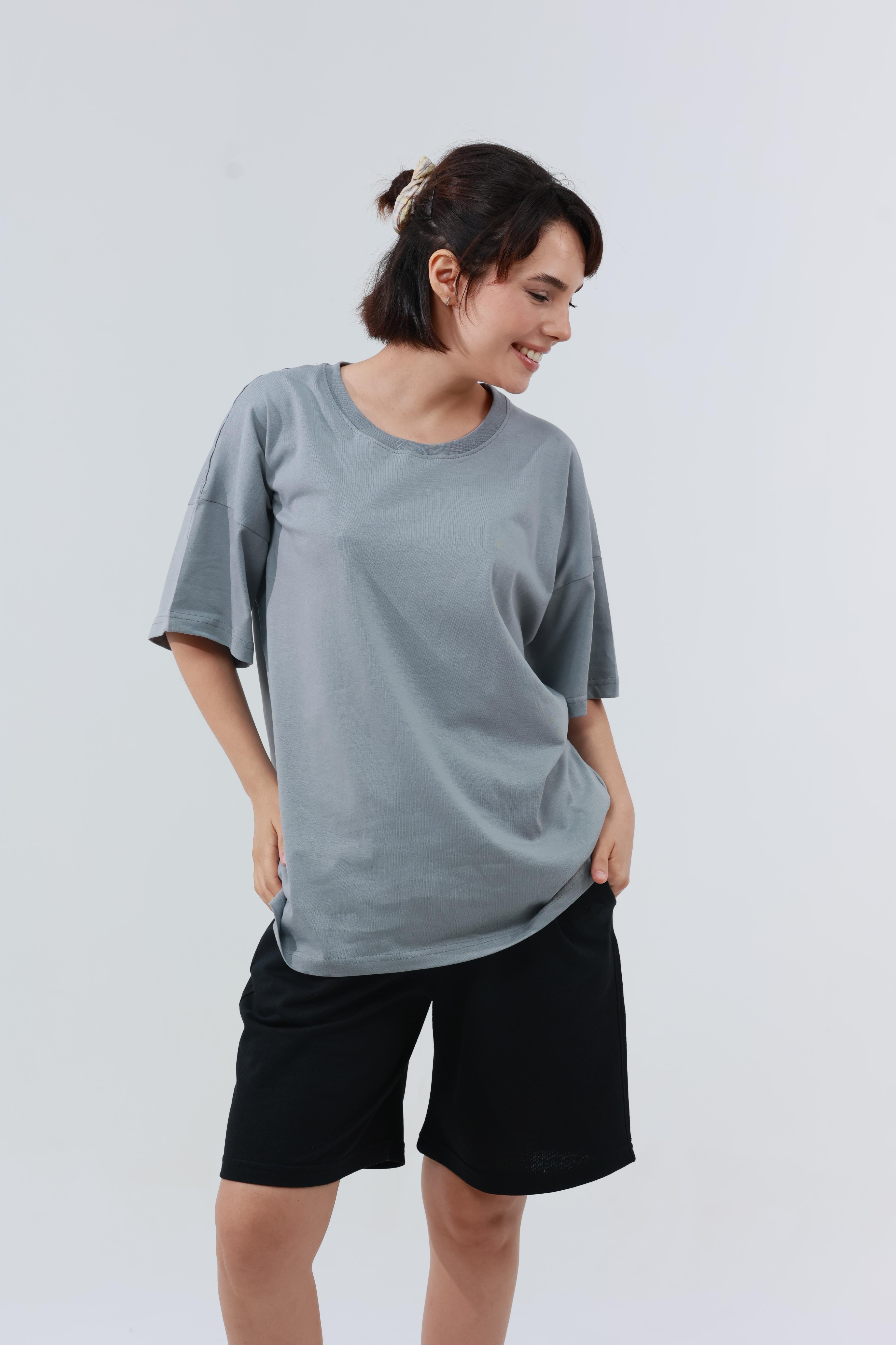 Kadın Penye Oversized T-Shirt Gri