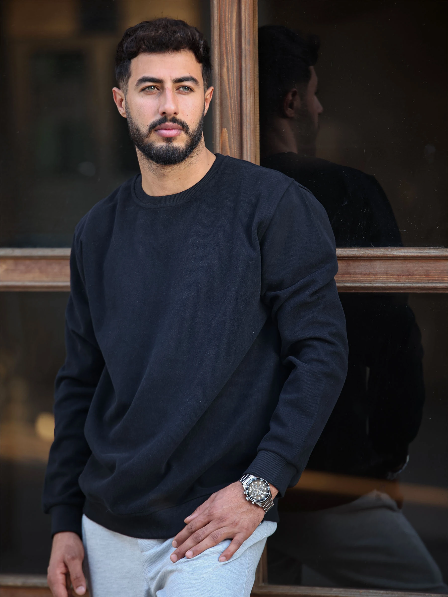 Siyah Selanik Kumaş Bisiklet Yaka Sweatshirt