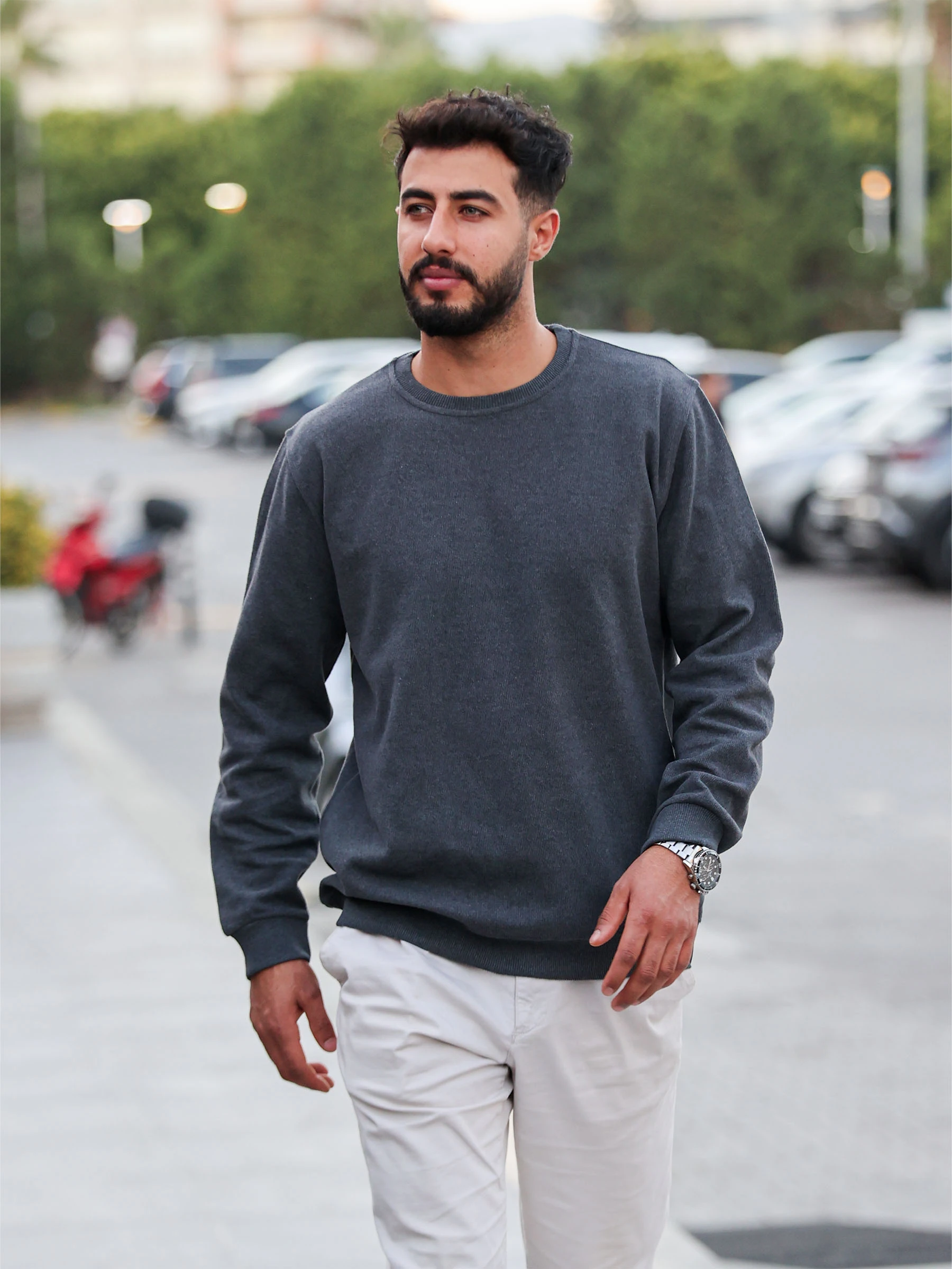 Füme Selanik Kumaş Bisiklet Yaka Sweatshirt