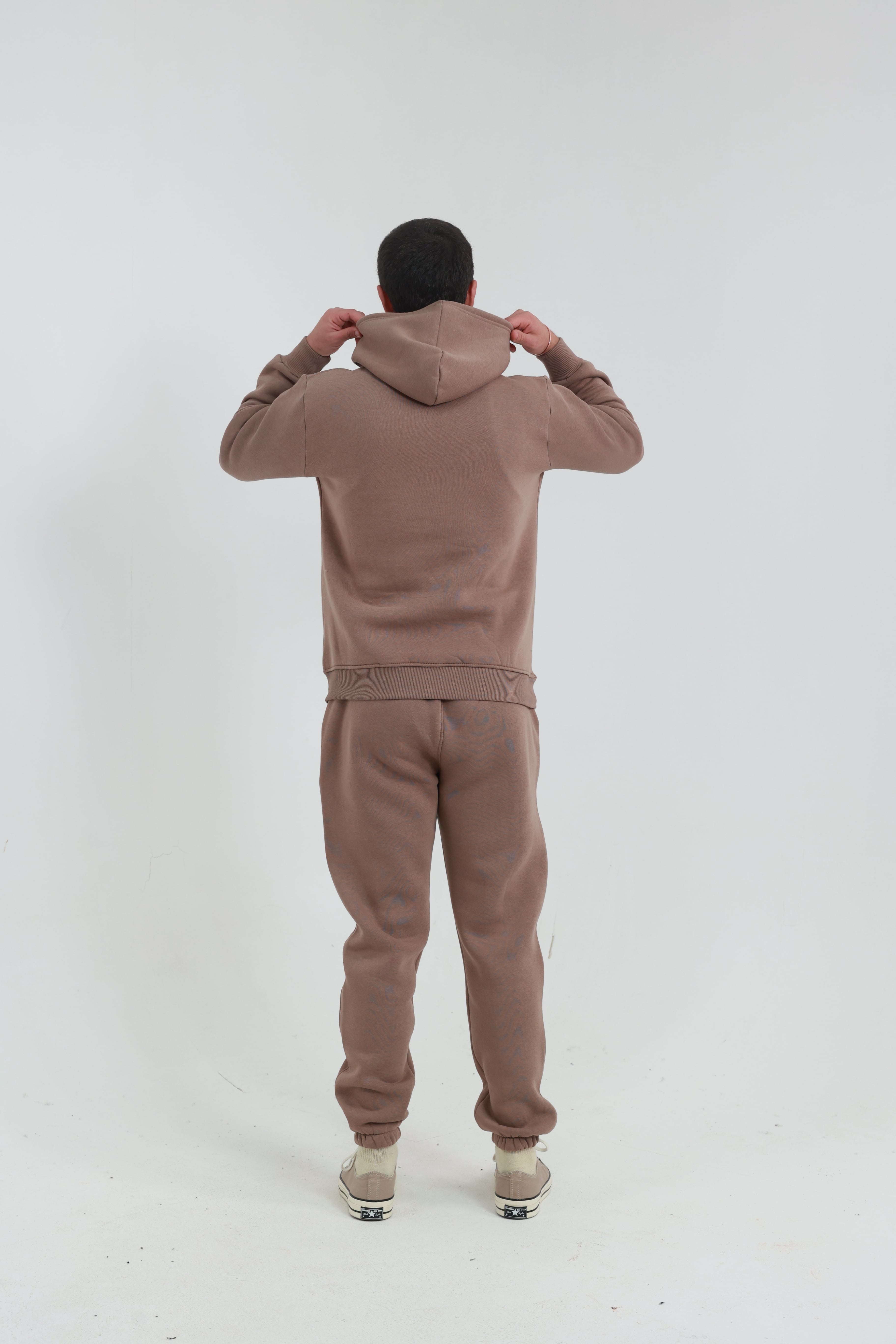 Kahverengi Penye Regular Fit Kanguru Cepli Sweatshirt 3 İplik Eşofman Takım