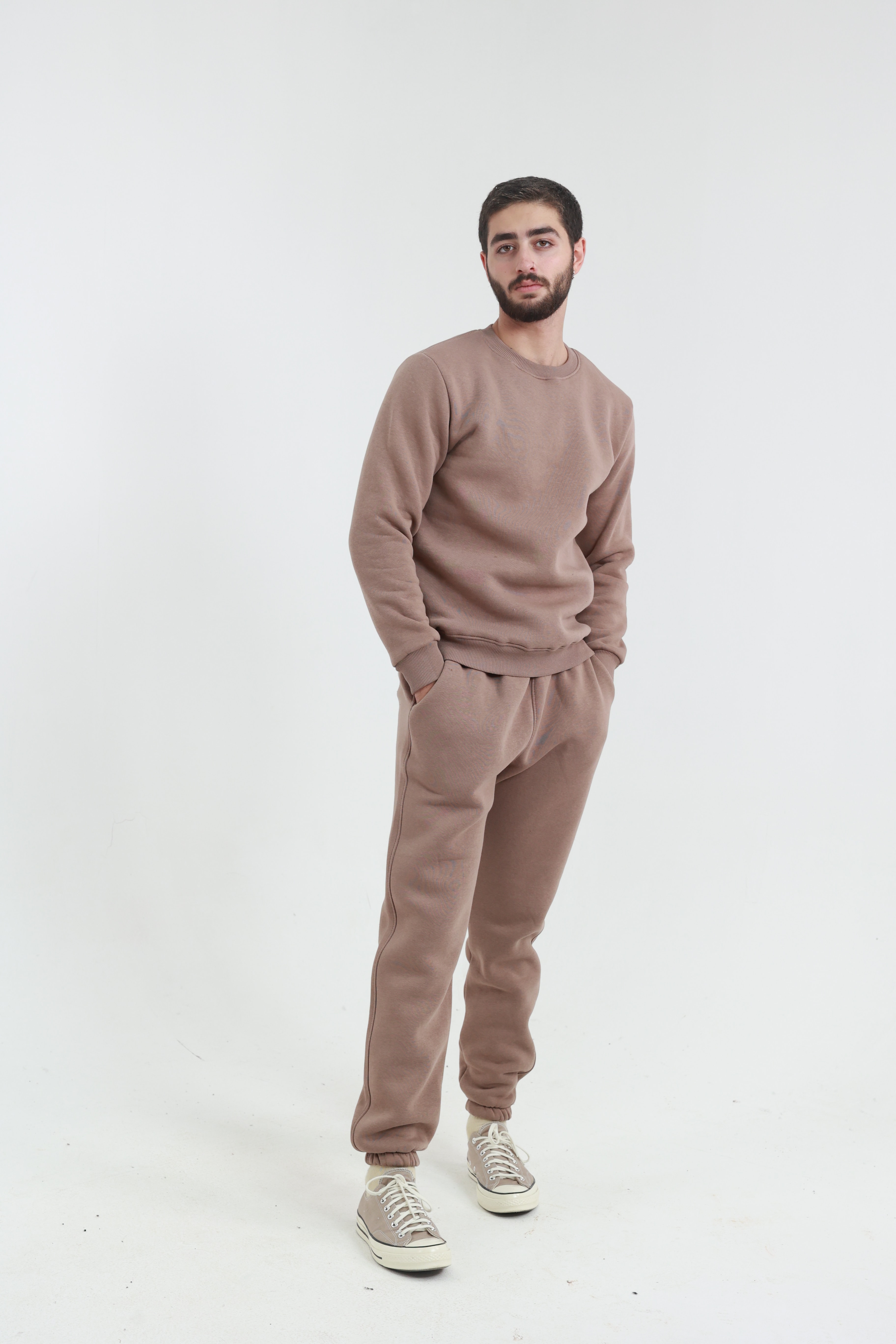 Kahverengi Penye Regular Fit Bisiklet Yaka 3 İplik Eşofman Takım