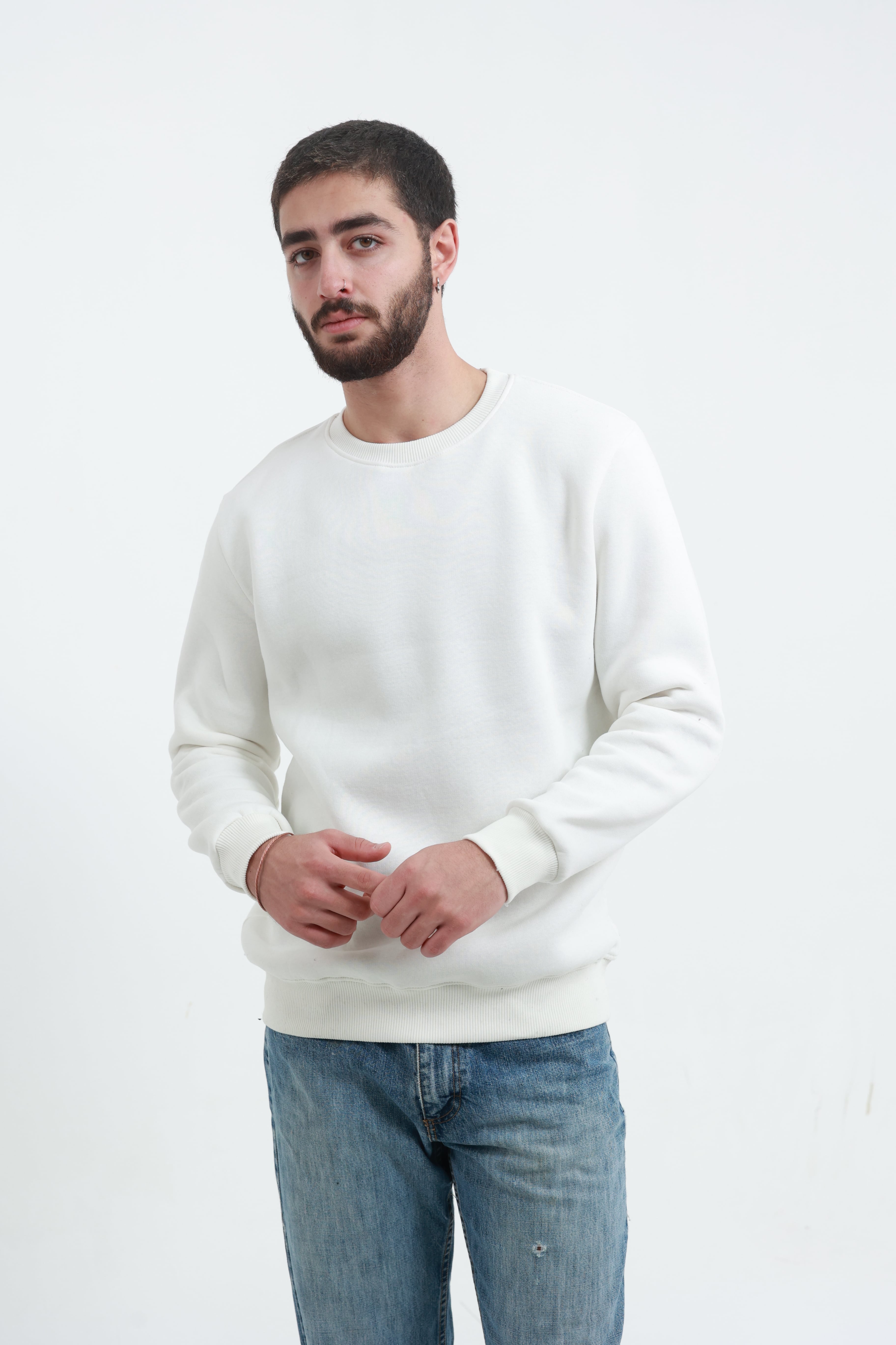 Beyaz Erkek Bisiklet Yaka Sweatshirt