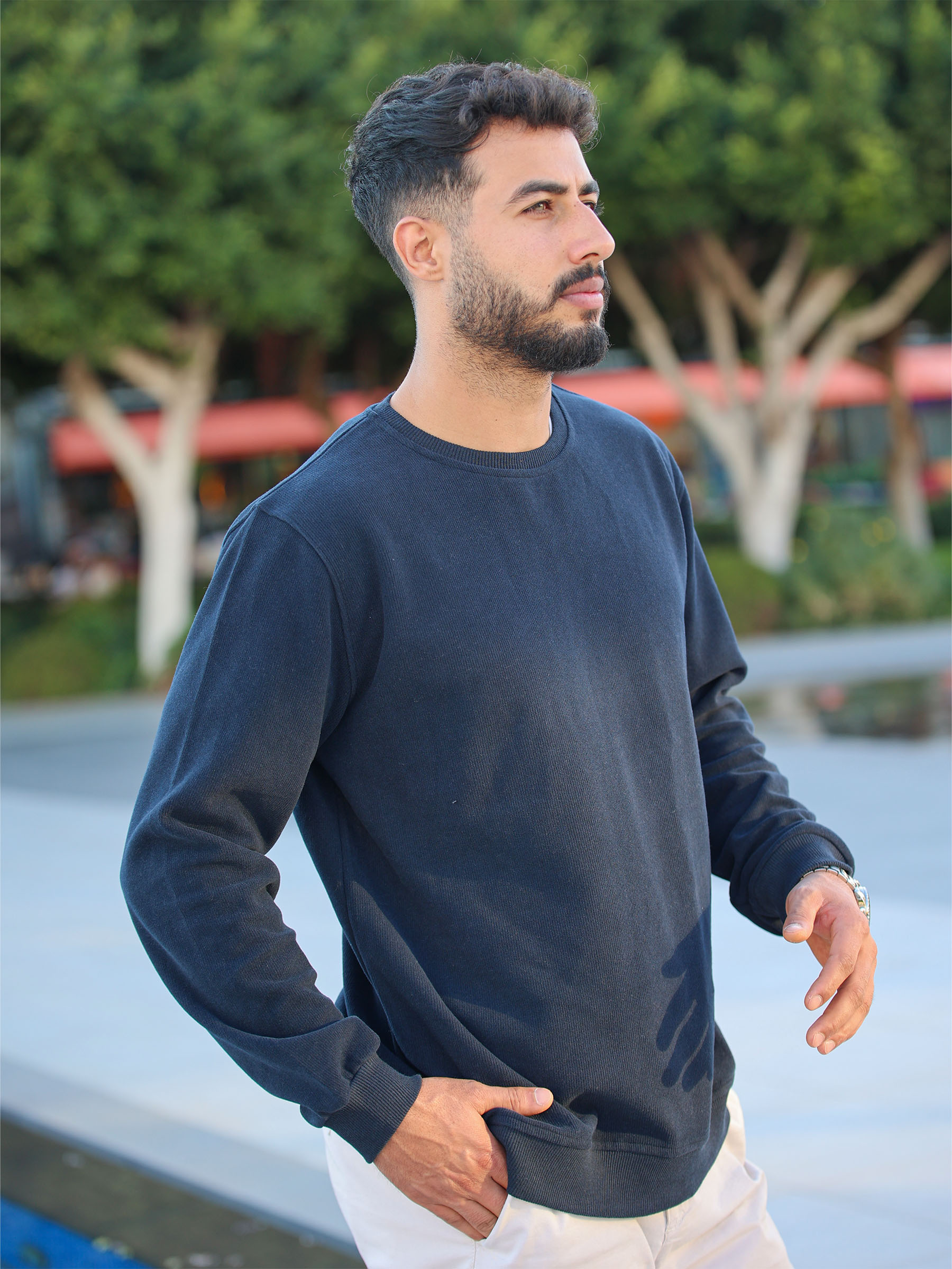 Lacivert Selanik Kumaş Bisiklet Yaka Sweatshirt