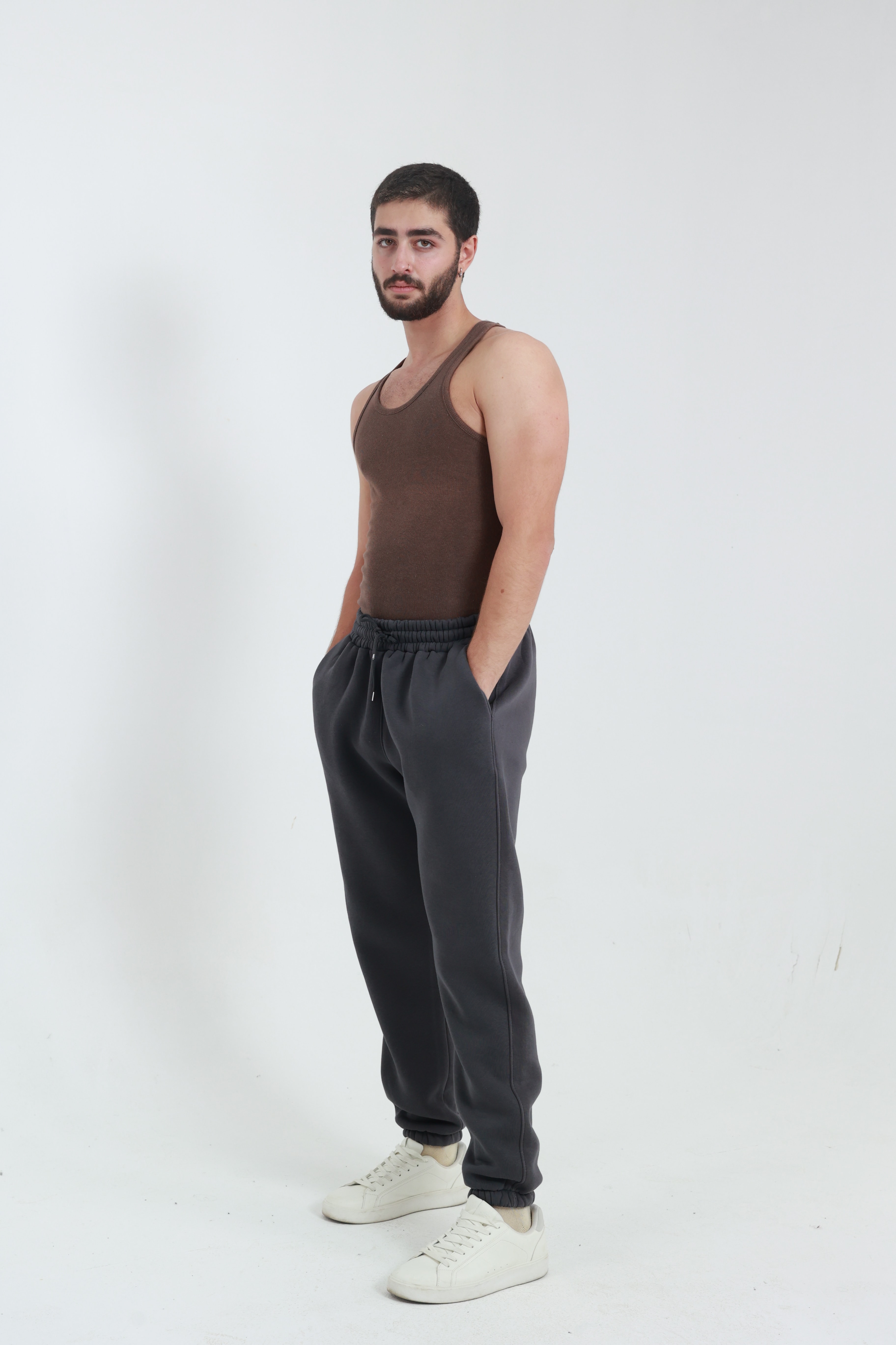 Koyu Füme Erkek Penye Regular Fit 3 İplik Eşofman Altı