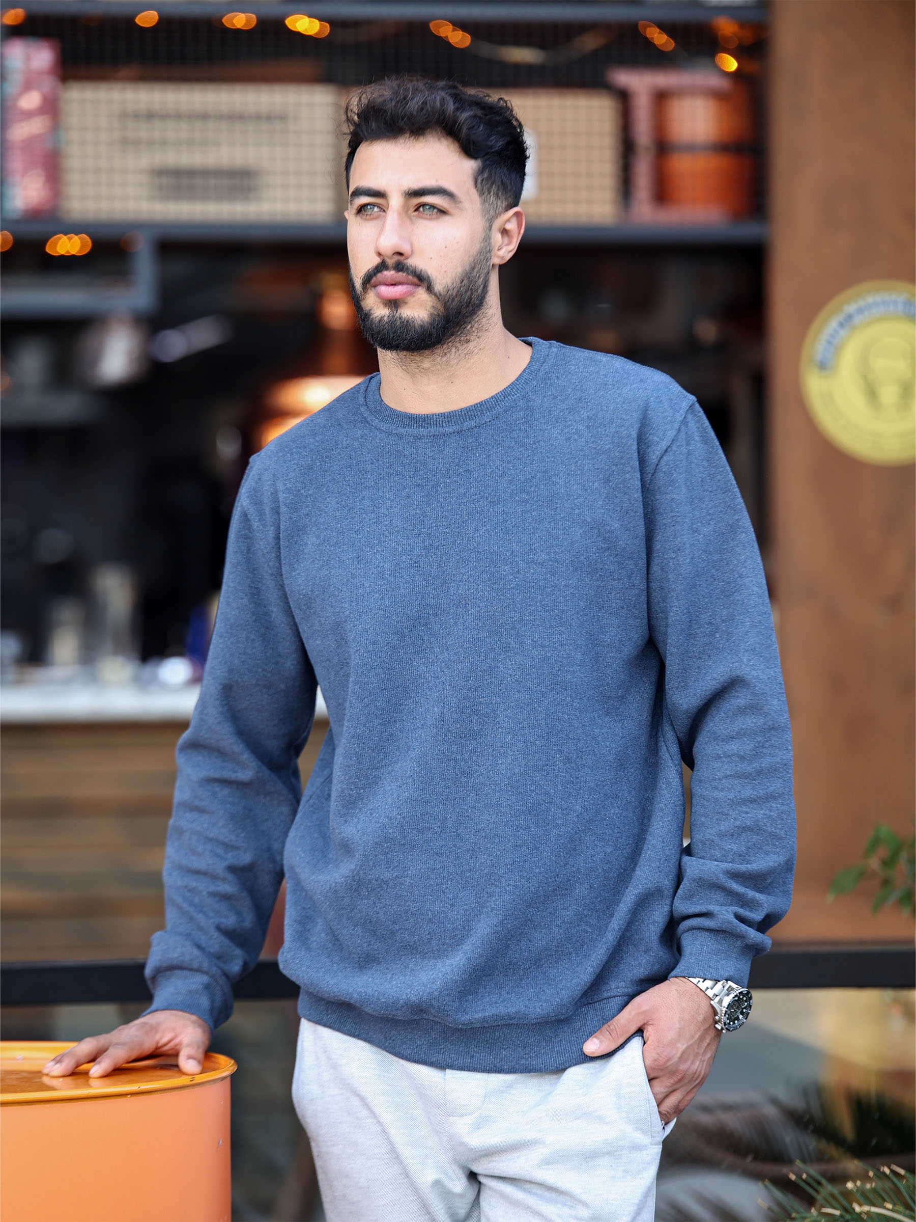 İndigo Selanik Kumaş Bisiklet Yaka Sweatshirt