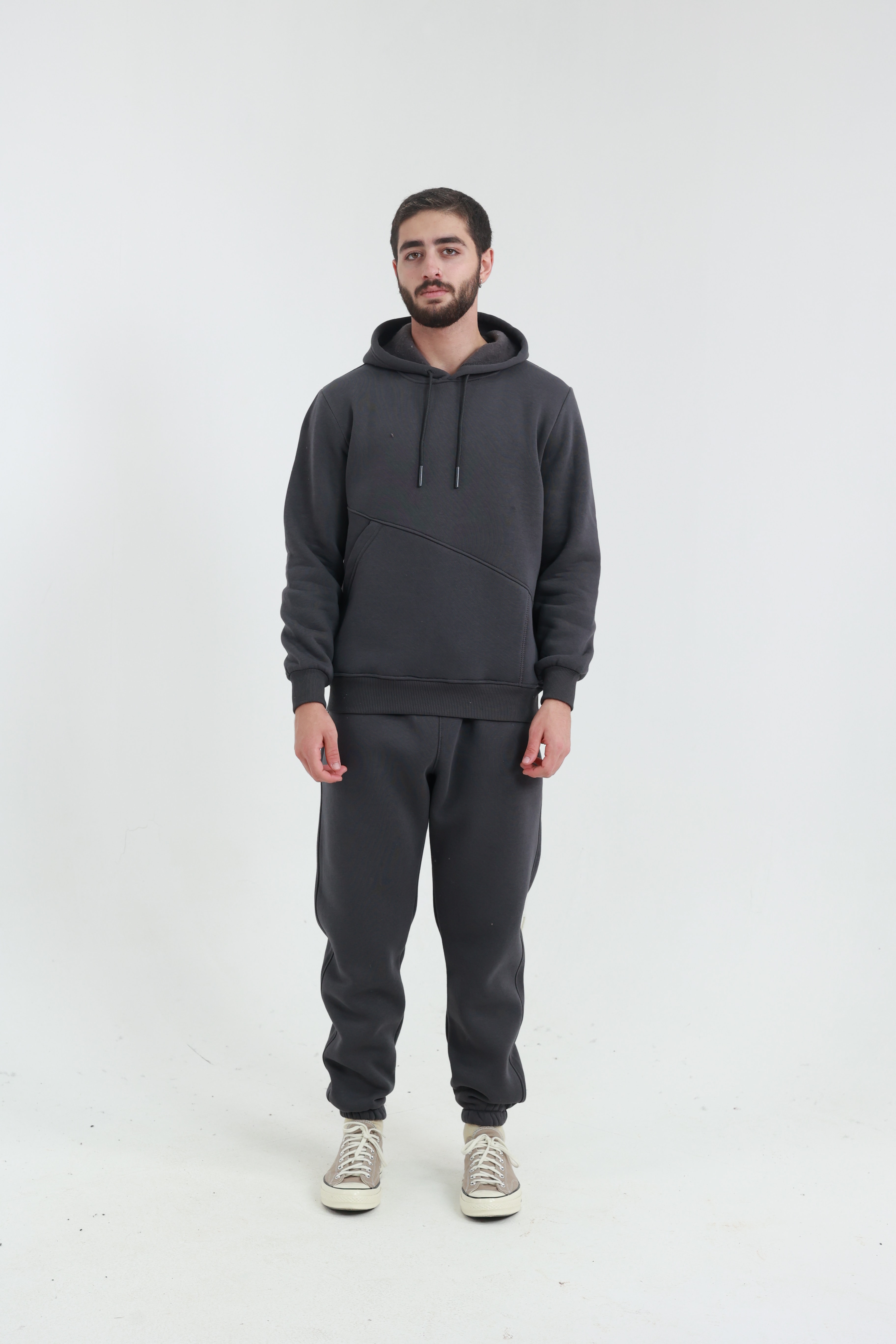 Koyu Füme Erkek Penye Regular Fit Yandan Cepli Sweatshirt 3 İplik Eşofman Takım