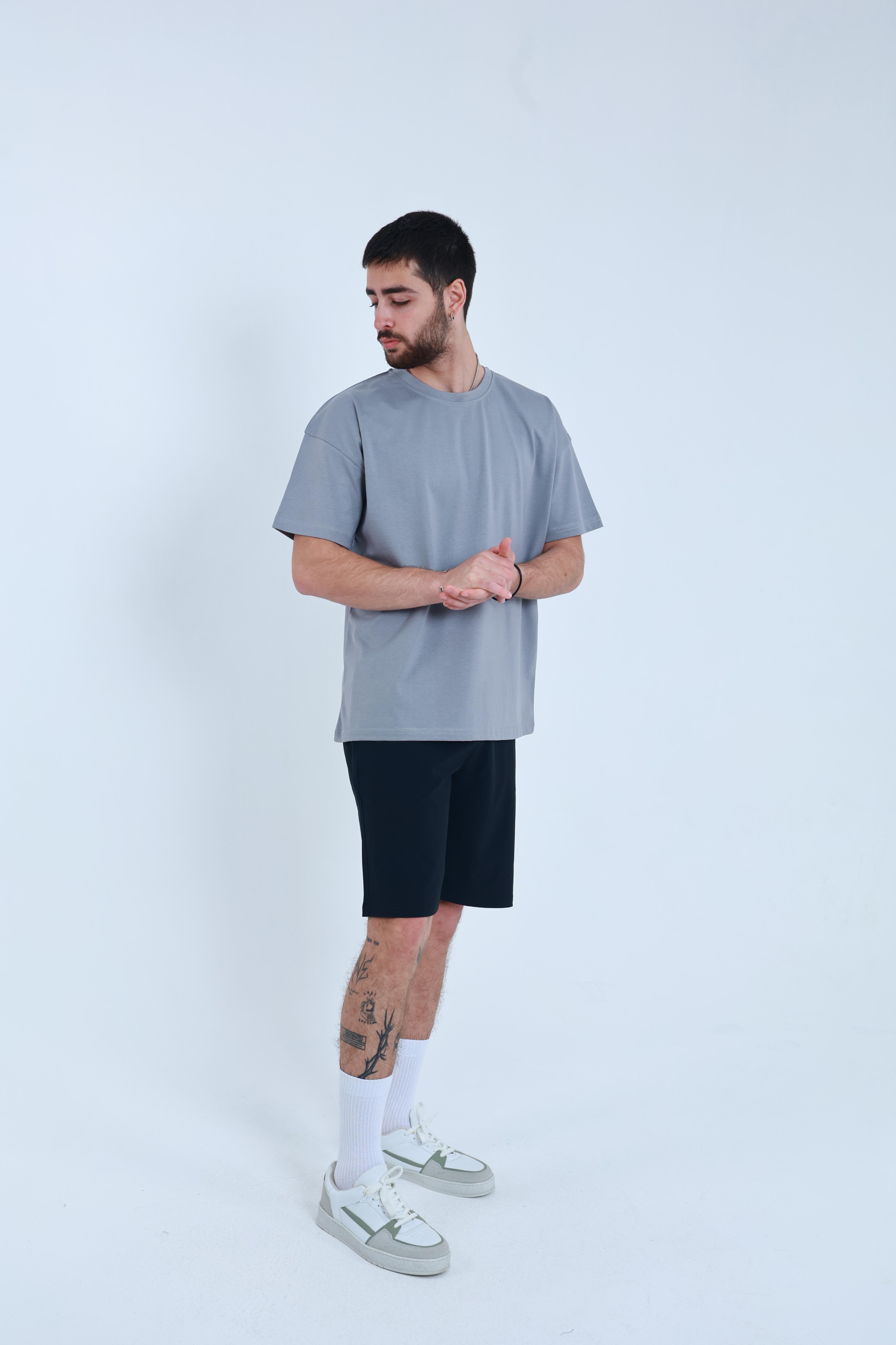Erkek Penye Oversized T-Shirt Gri