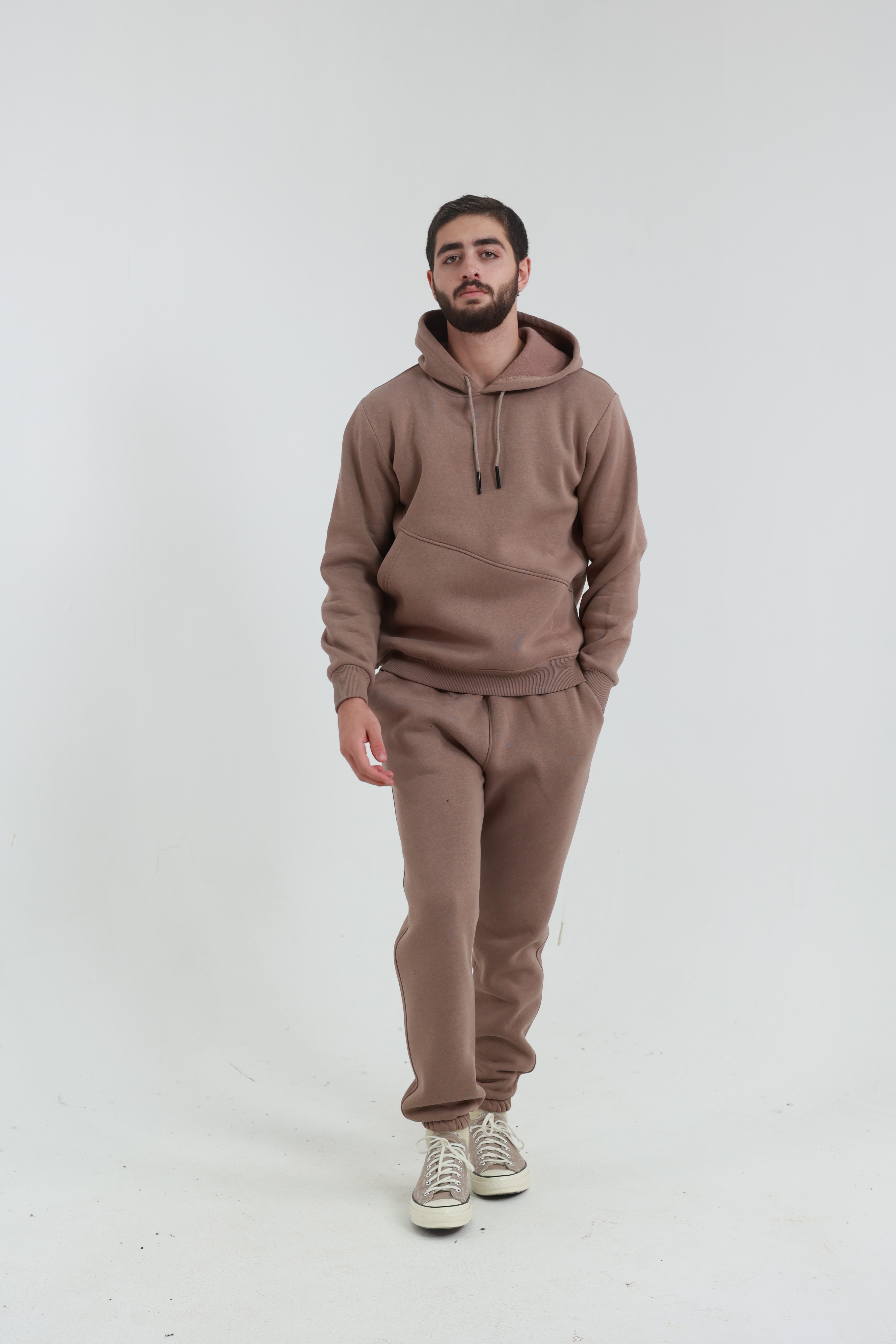 Kahverengi Erkek Penye Regular Fit Yandan Cepli Sweatshirt 3 İplik Eşofman Takım