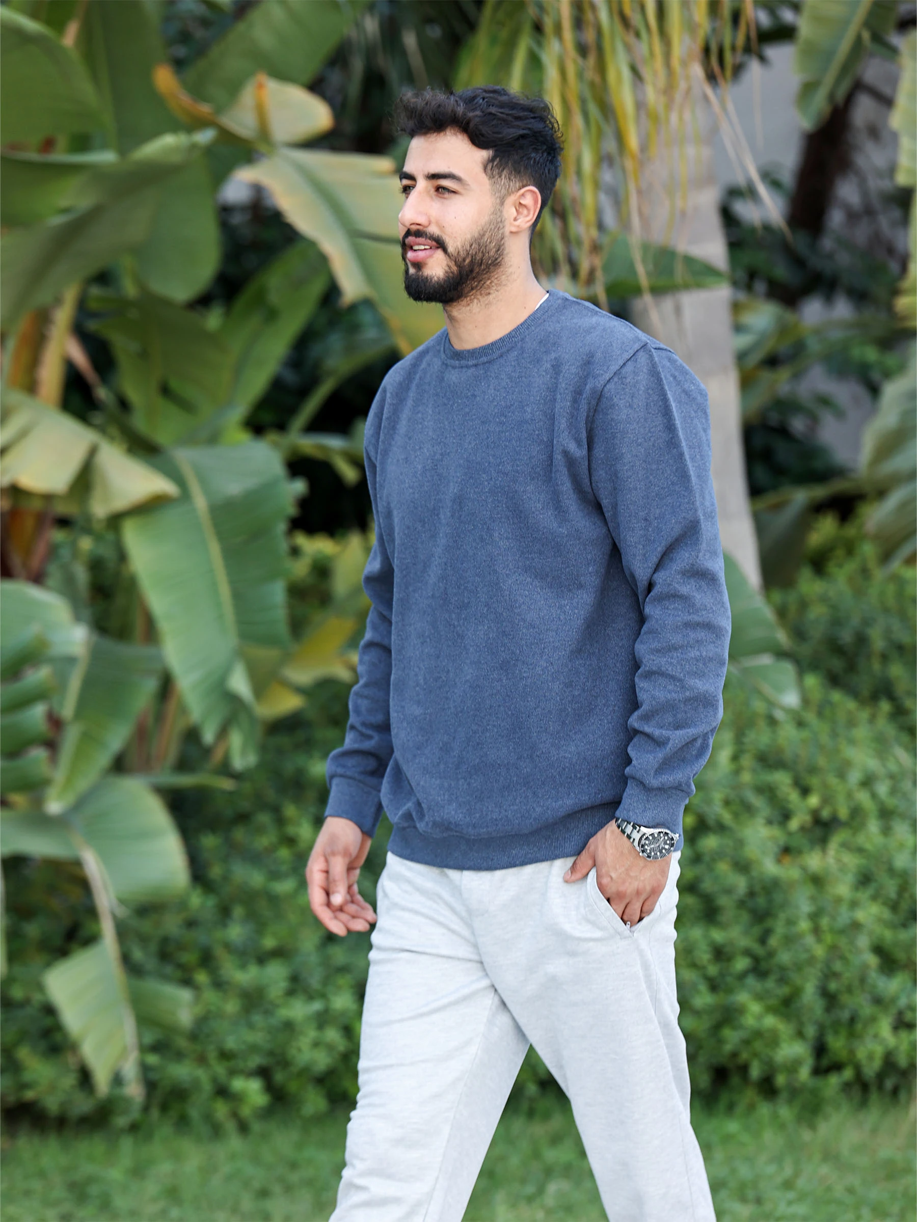 İndigo Selanik Kumaş Bisiklet Yaka Sweatshirt