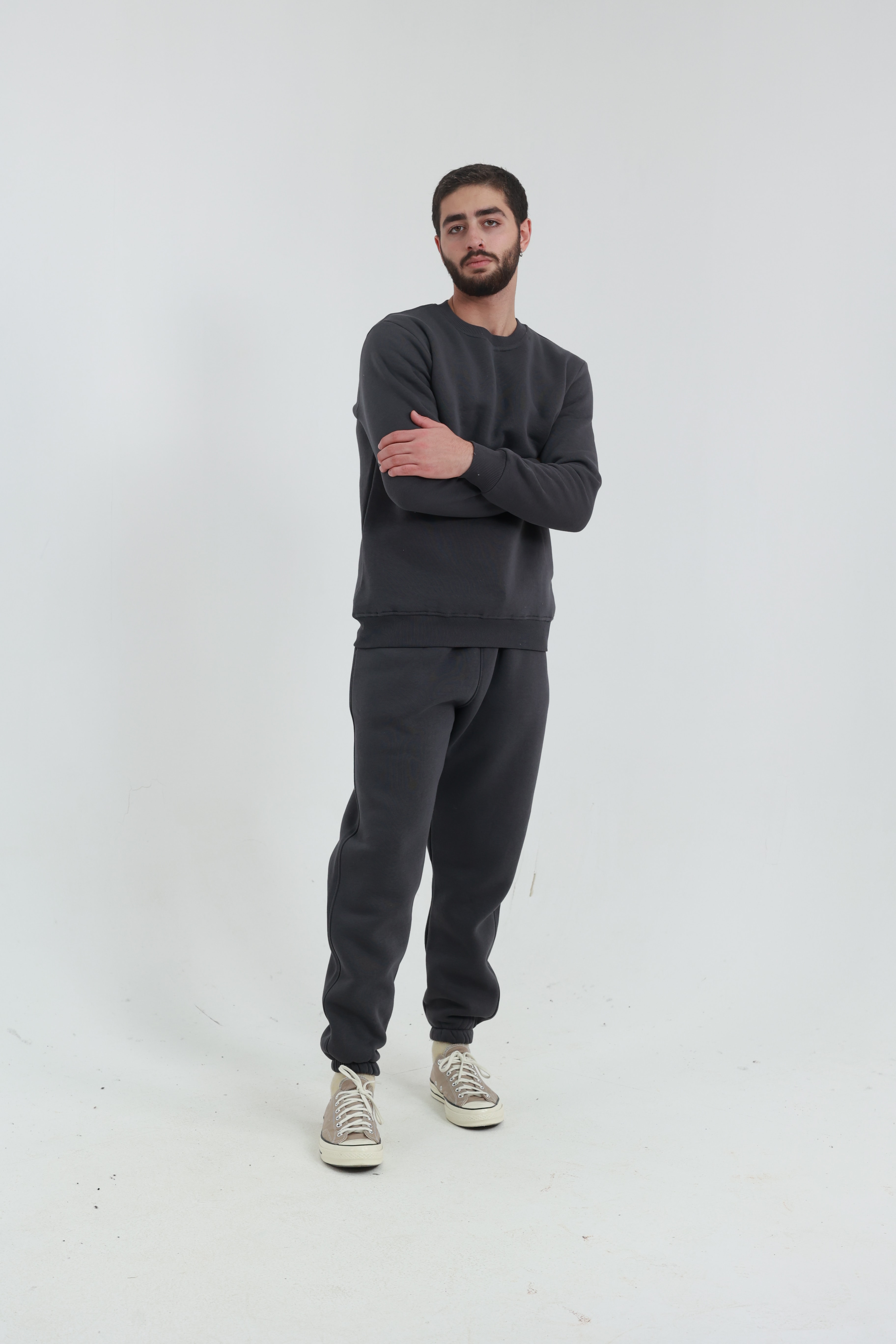 Koyu Füme Penye Regular Fit Bisiklet Yaka 3 İplik Eşofman Takım