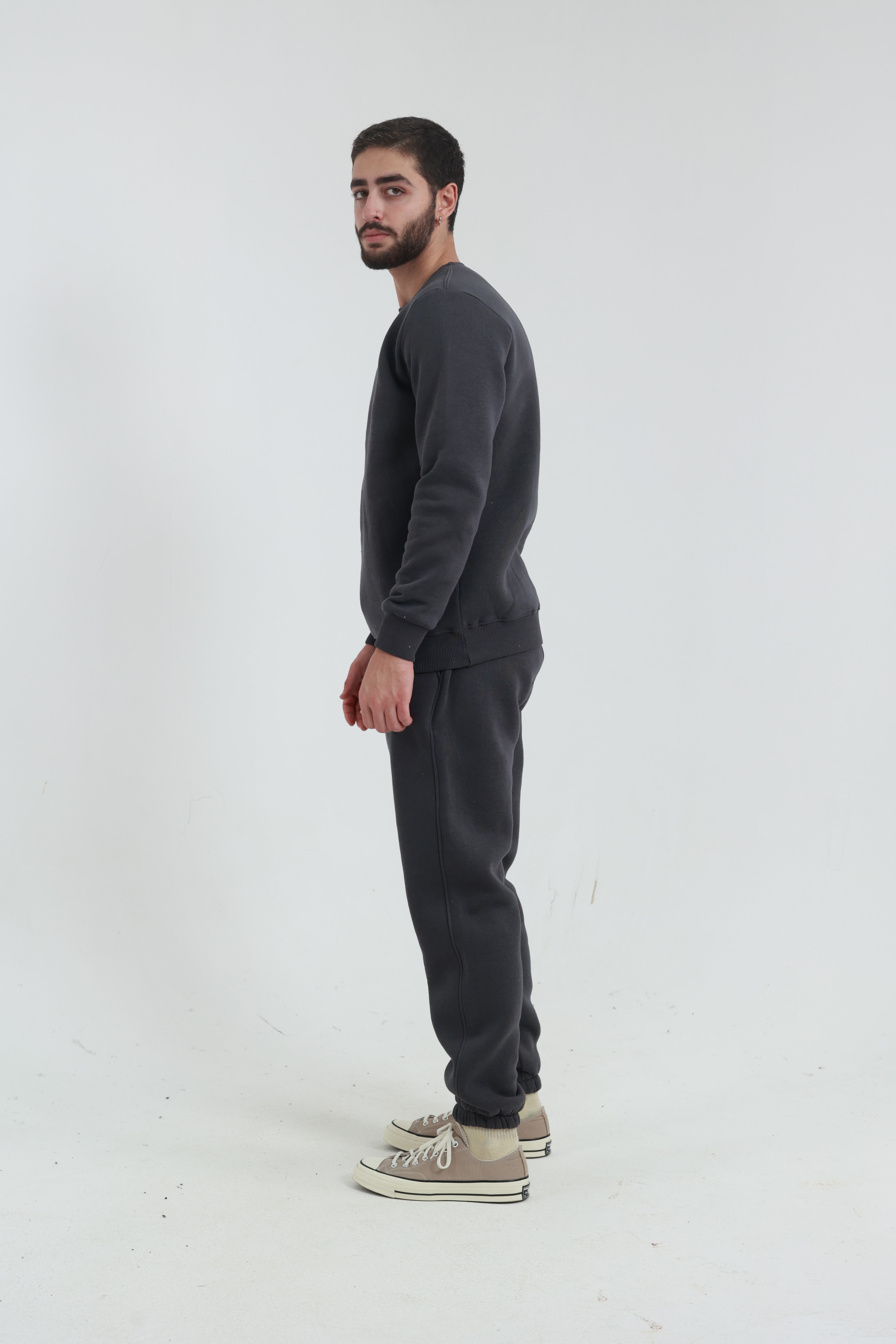 Koyu Füme Penye Regular Fit Bisiklet Yaka 3 İplik Eşofman Takım