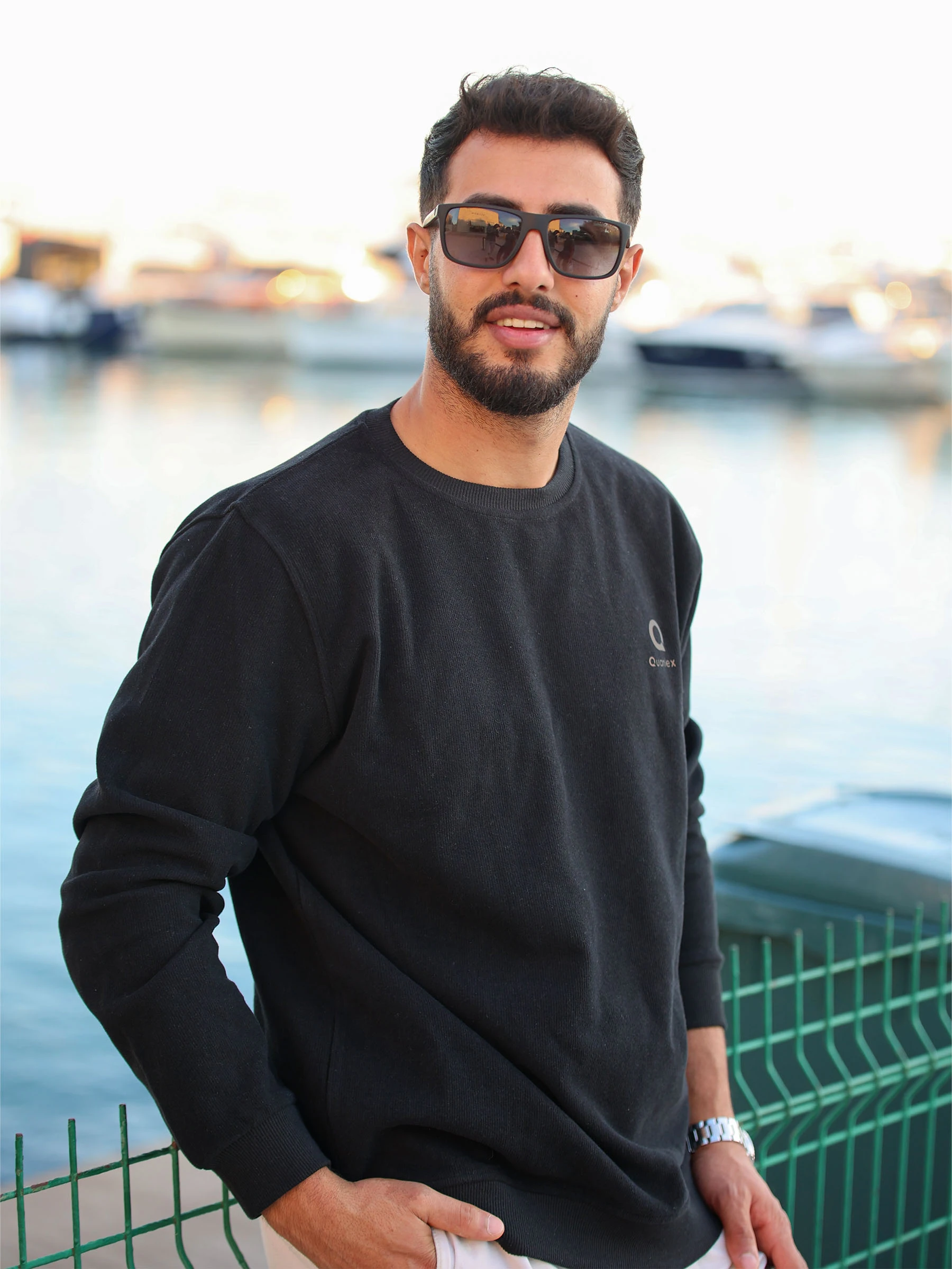 Siyah Quanlex Selanik Kumaş Bisiklet Yaka Sweatshirt