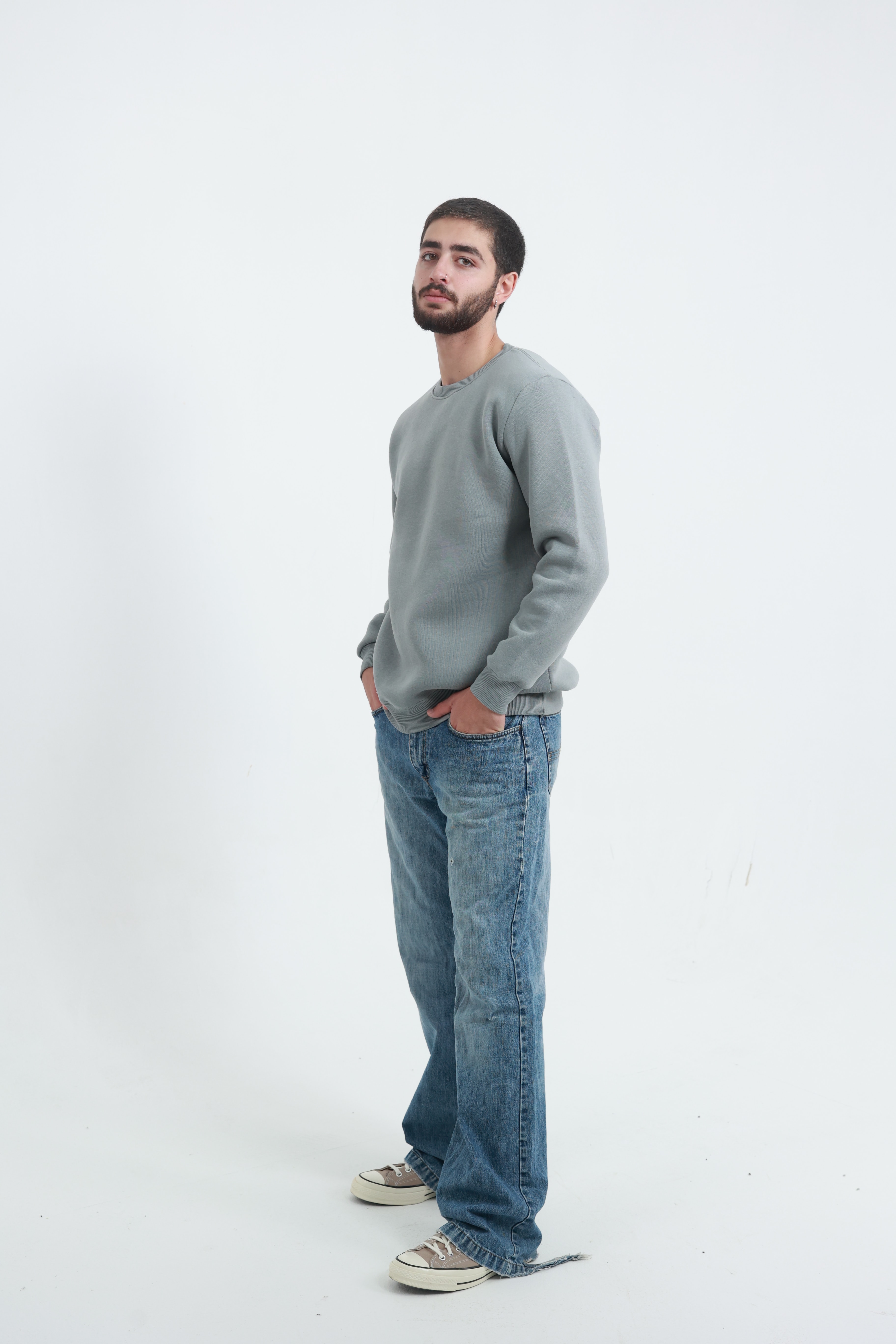 Gri Erkek Bisiklet Yaka Sweatshirt