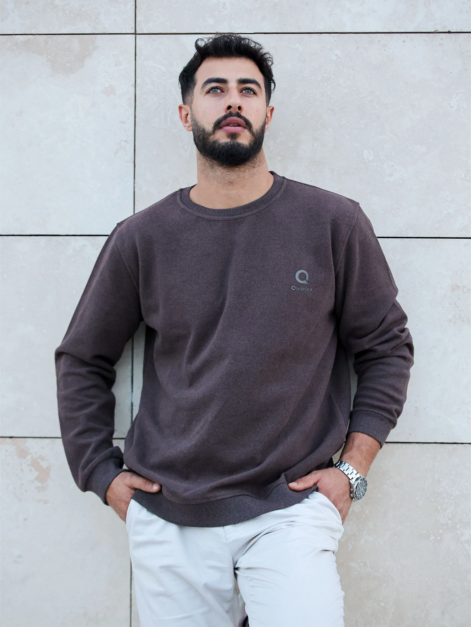 Kahverengi Quanlex Selanik Kumaş Bisiklet Yaka Sweatshirt