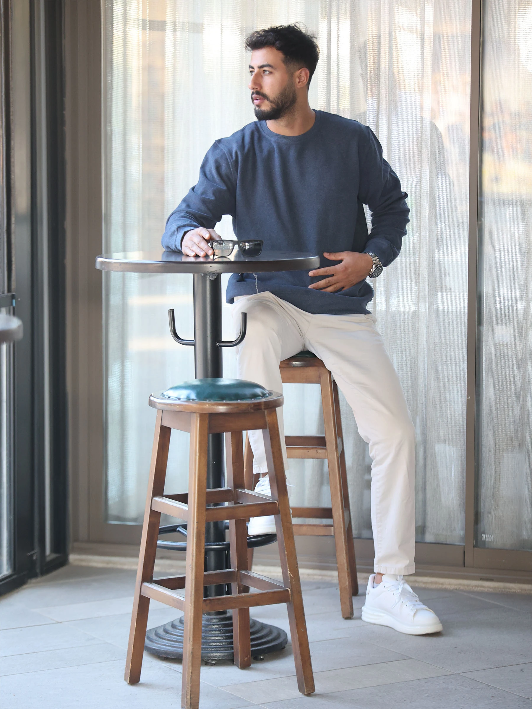 İndigo Selanik Kumaş Bisiklet Yaka Sweatshirt