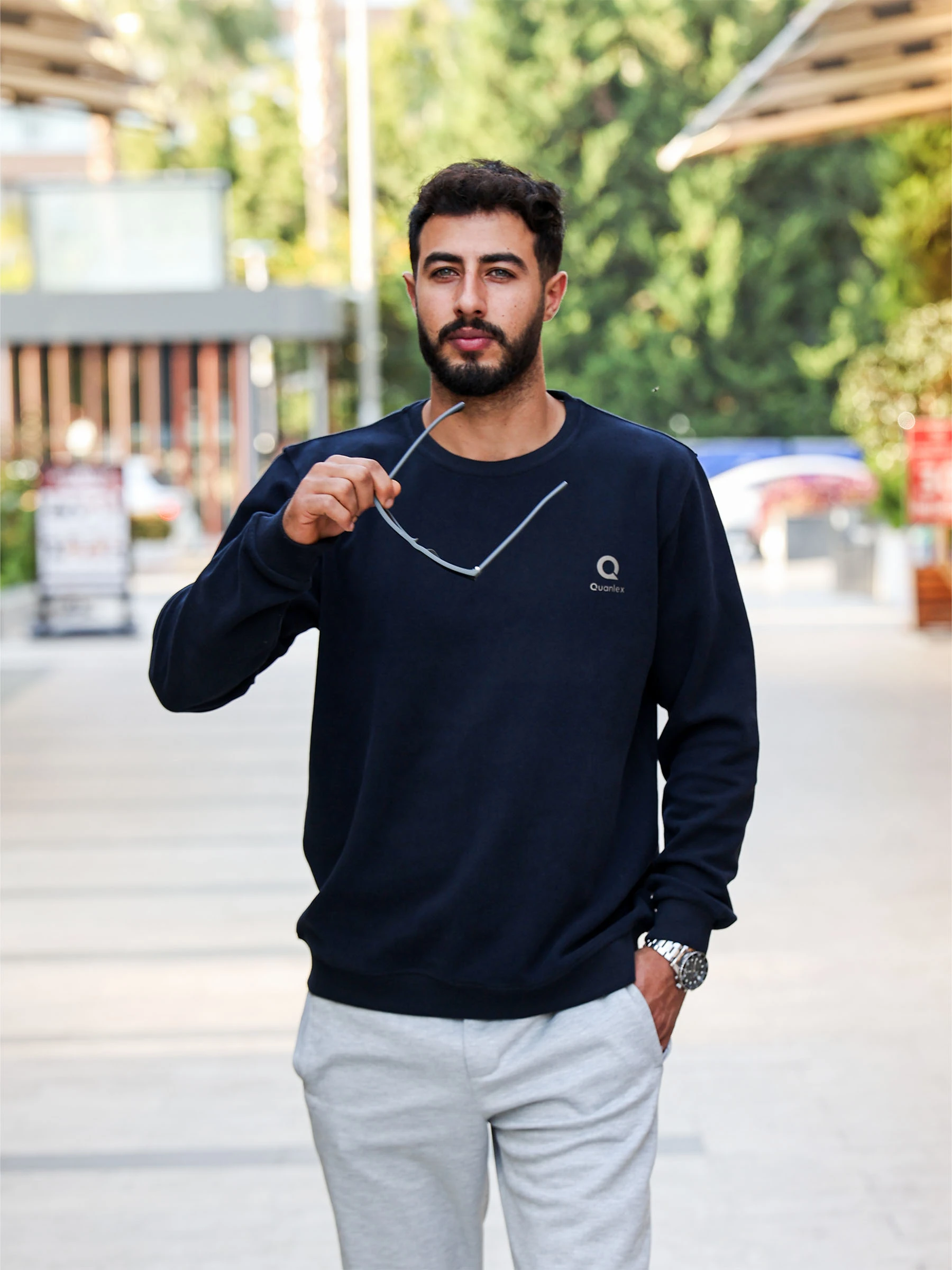 Lacivert Quanlex Selanik Kumaş Bisiklet Yaka Sweatshirt