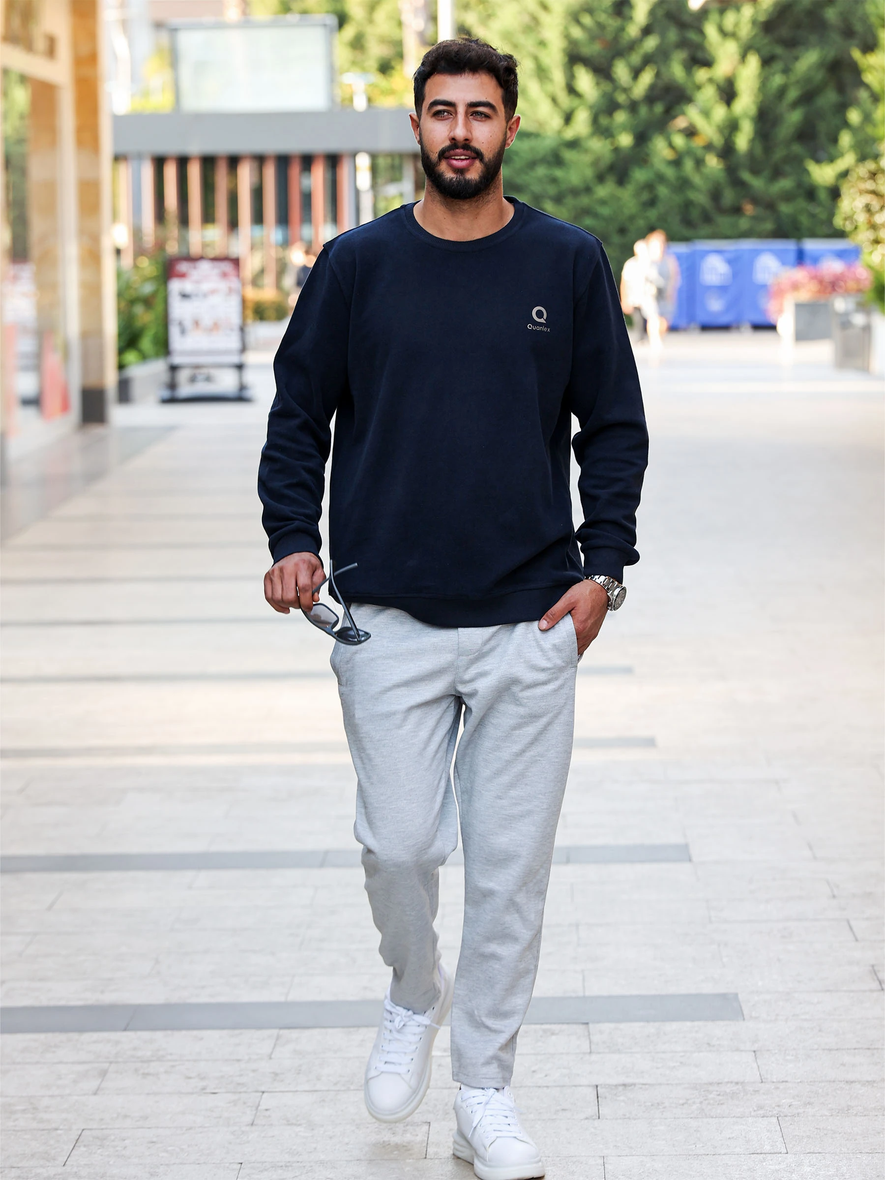 Lacivert Quanlex Selanik Kumaş Bisiklet Yaka Sweatshirt