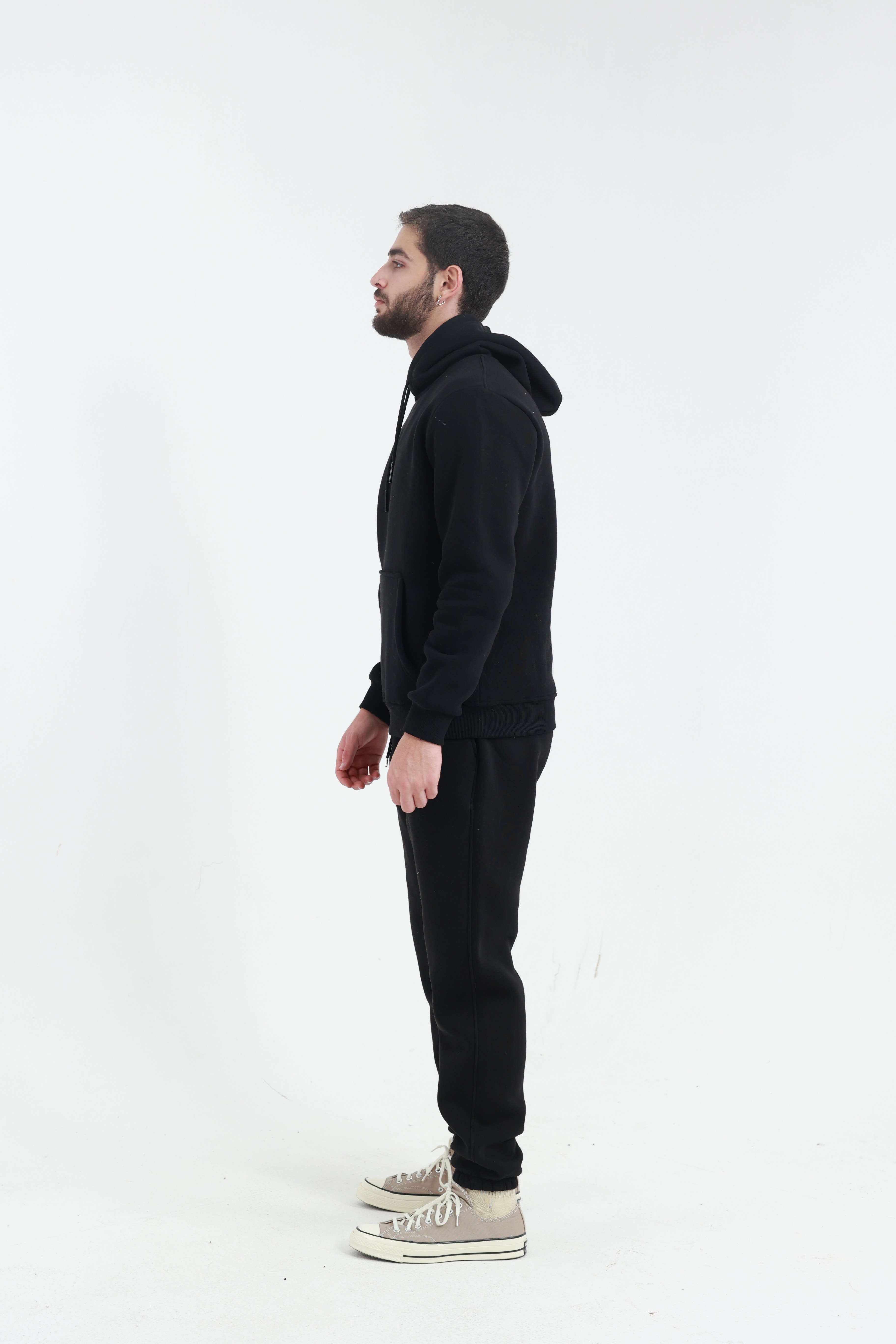Siyah Penye Regular Fit Kanguru Cepli Sweatshirt 3 İplik Eşofman Takım