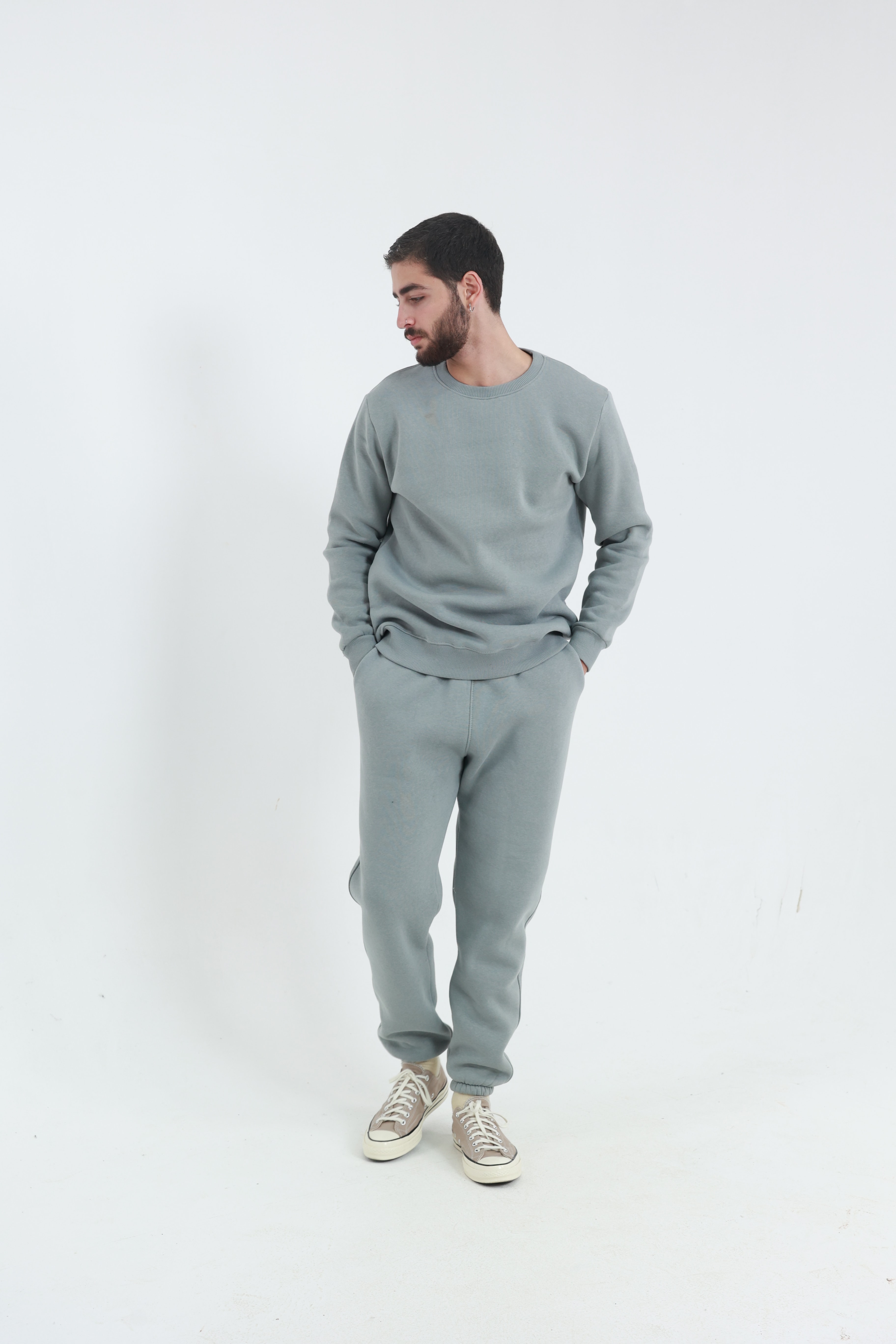 Gri Penye Regular Fit Bisiklet Yaka 3 İplik Eşofman Takım