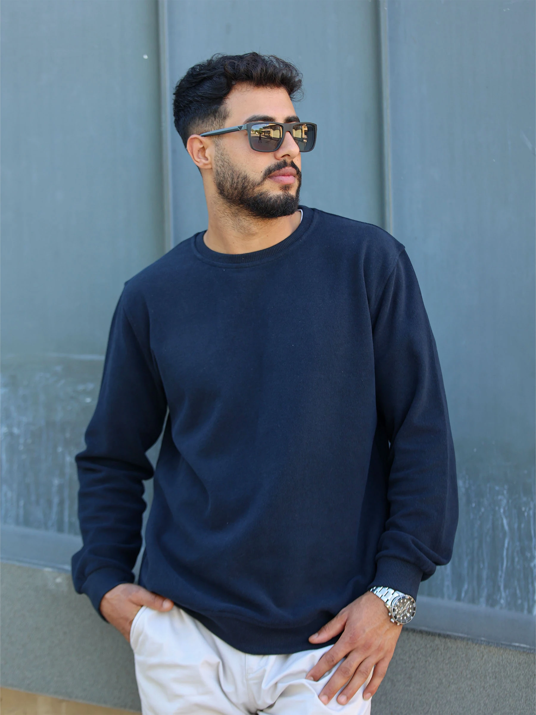 Lacivert Selanik Kumaş Bisiklet Yaka Sweatshirt