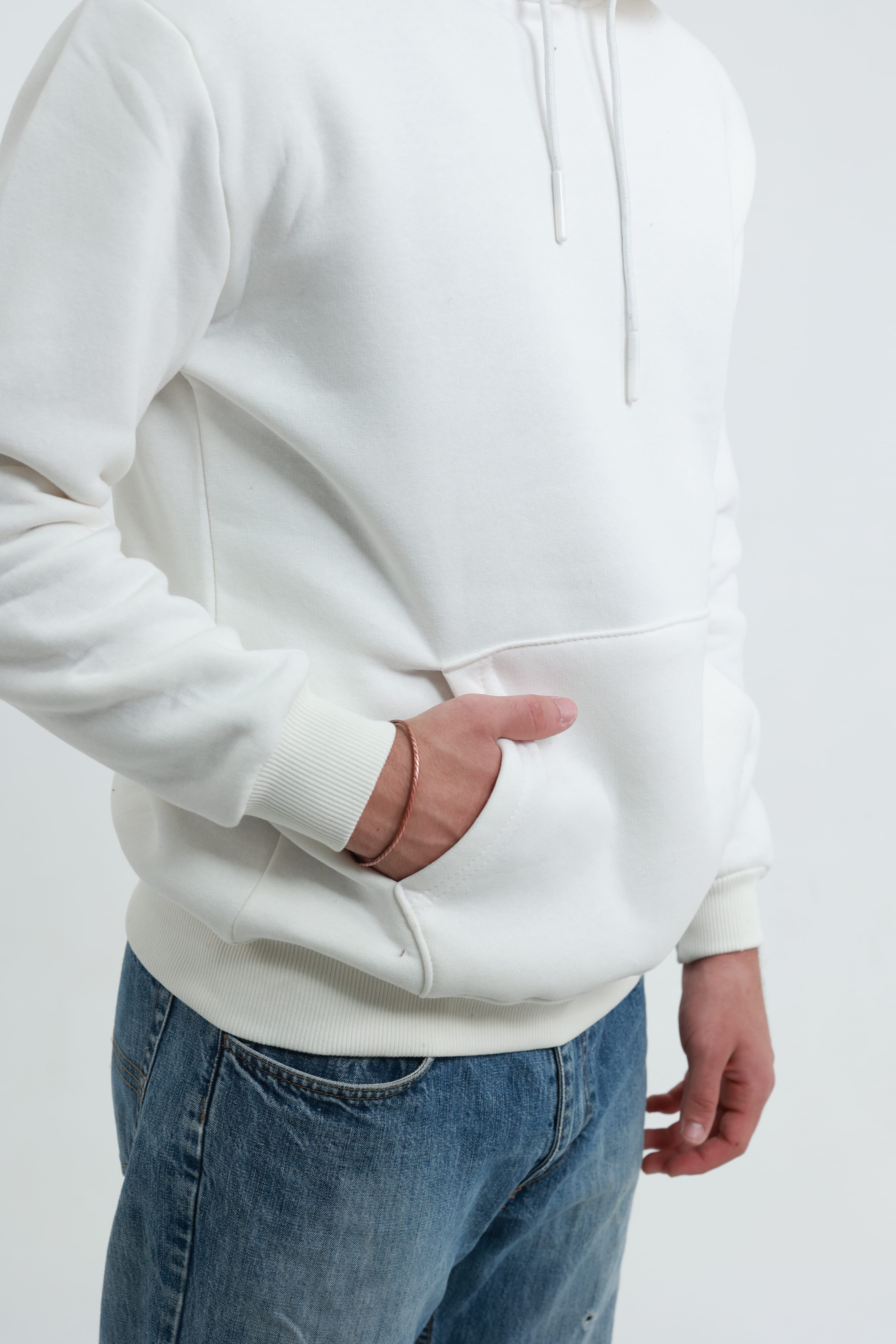 Kanguru Cepli Sweatshirt 3 İplik Beyaz