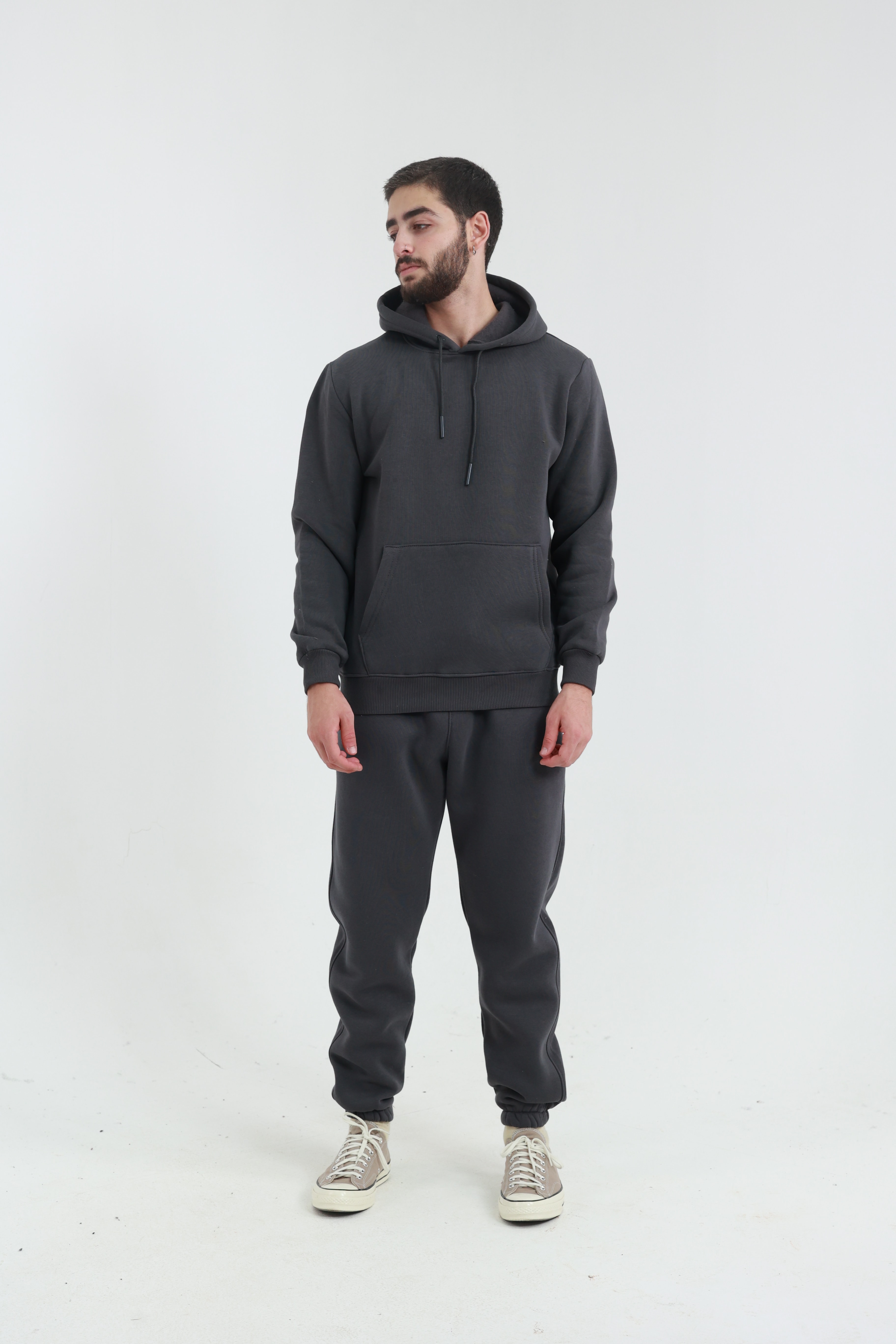 Koyu Füme Penye Regular Fit Kanguru Cepli Sweatshirt 3 İplik Eşofman Takım