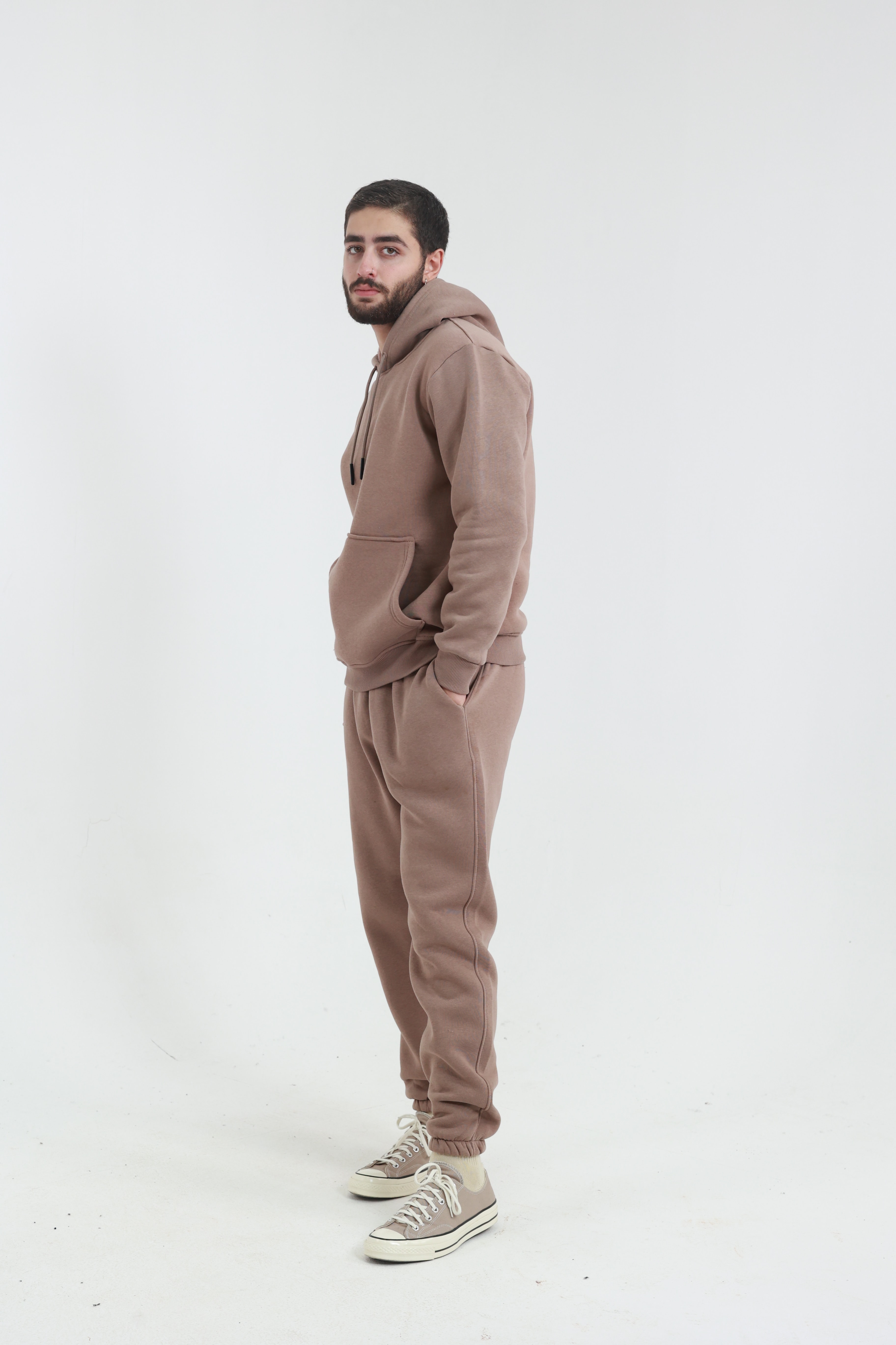 Kahverengi Penye Regular Fit Kanguru Cepli Sweatshirt 3 İplik Eşofman Takım