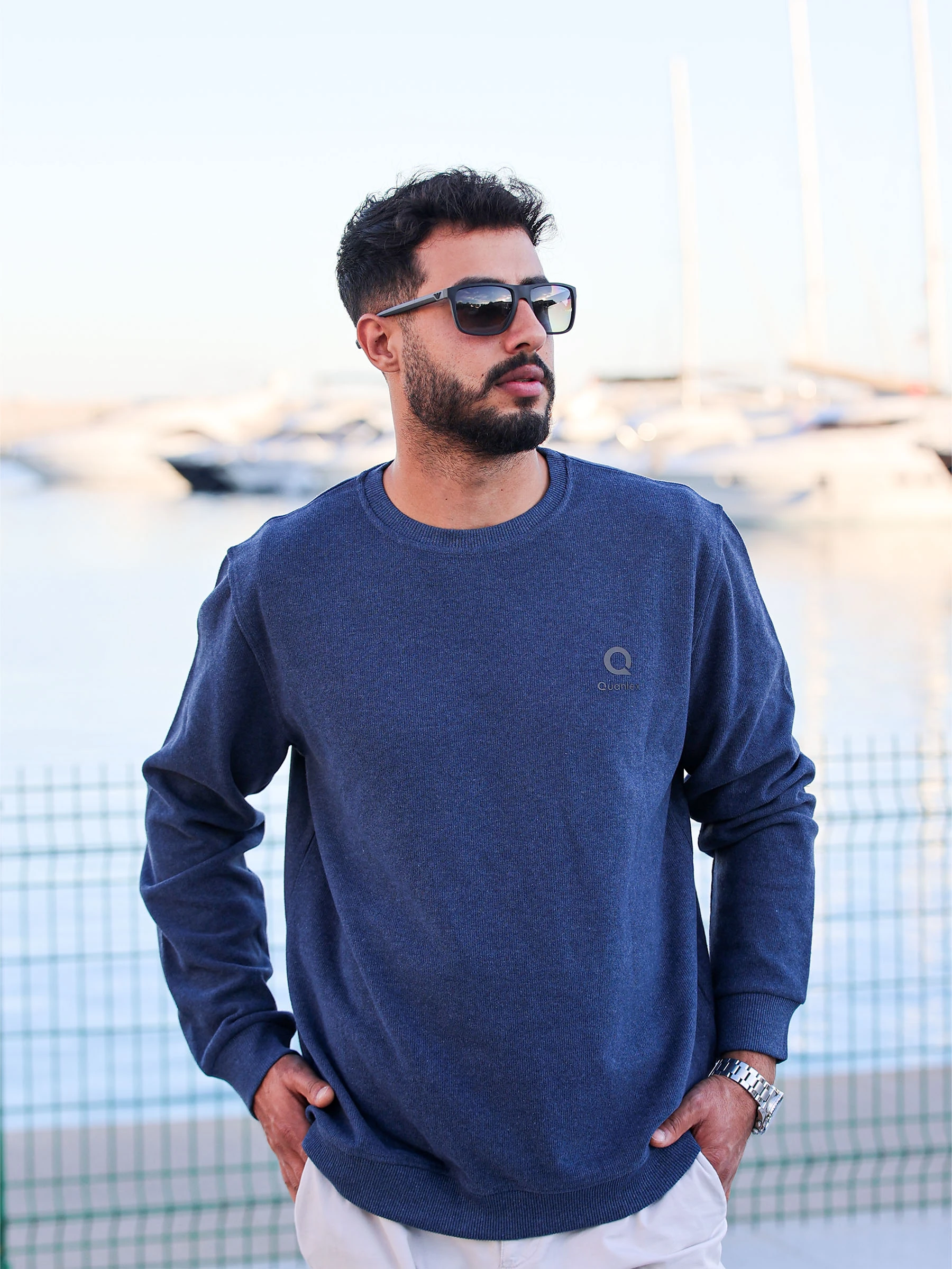 İndigo Quanlex Selanik Kumaş Bisiklet Yaka Sweatshirt