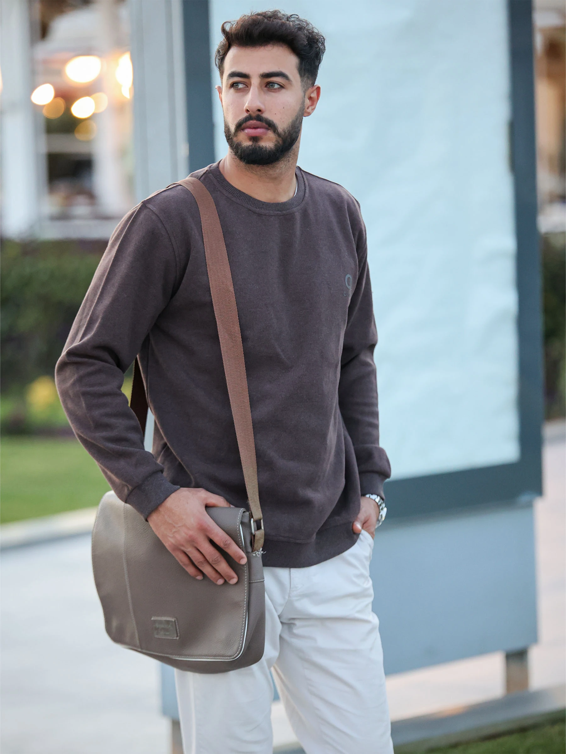 Kahverengi Quanlex Selanik Kumaş Bisiklet Yaka Sweatshirt