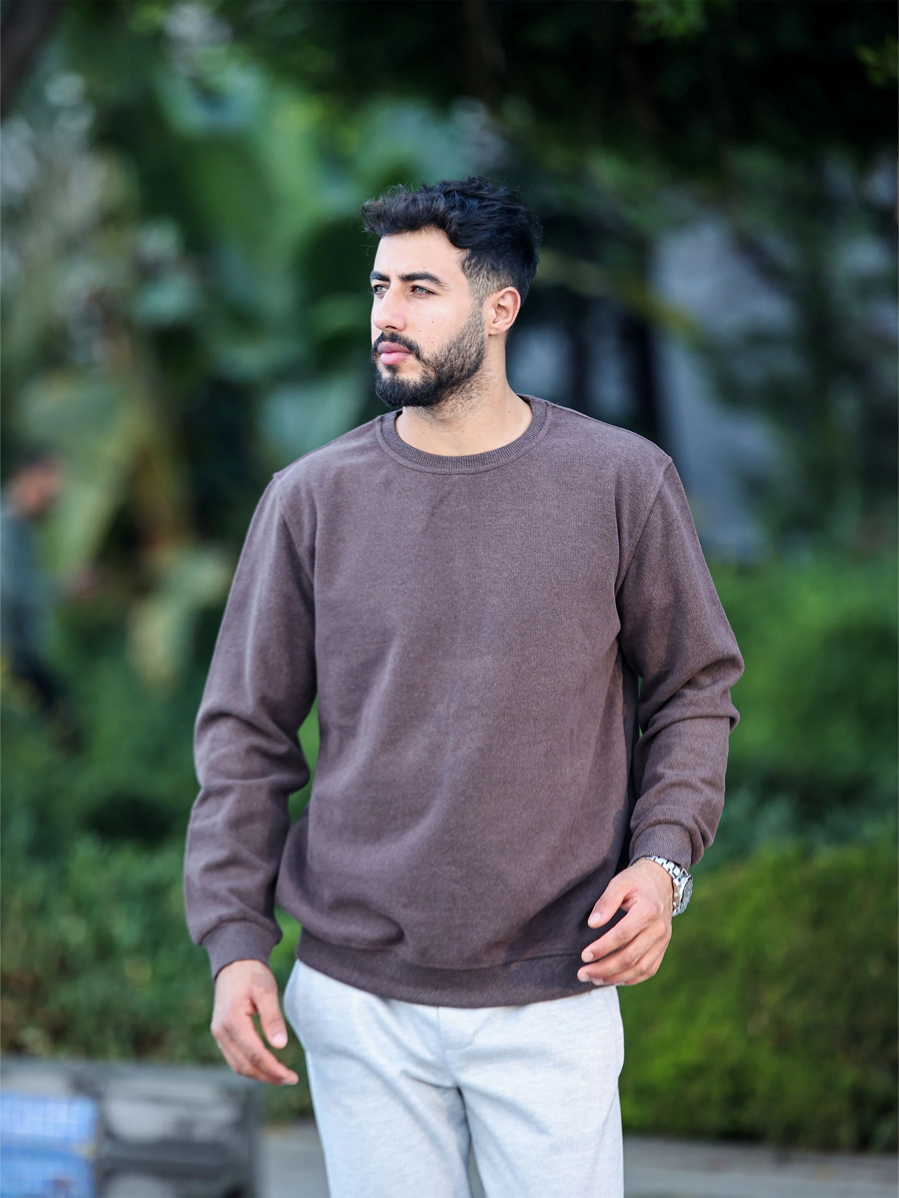 Kahverengi Selanik Kumaş Bisiklet Yaka Sweatshirt