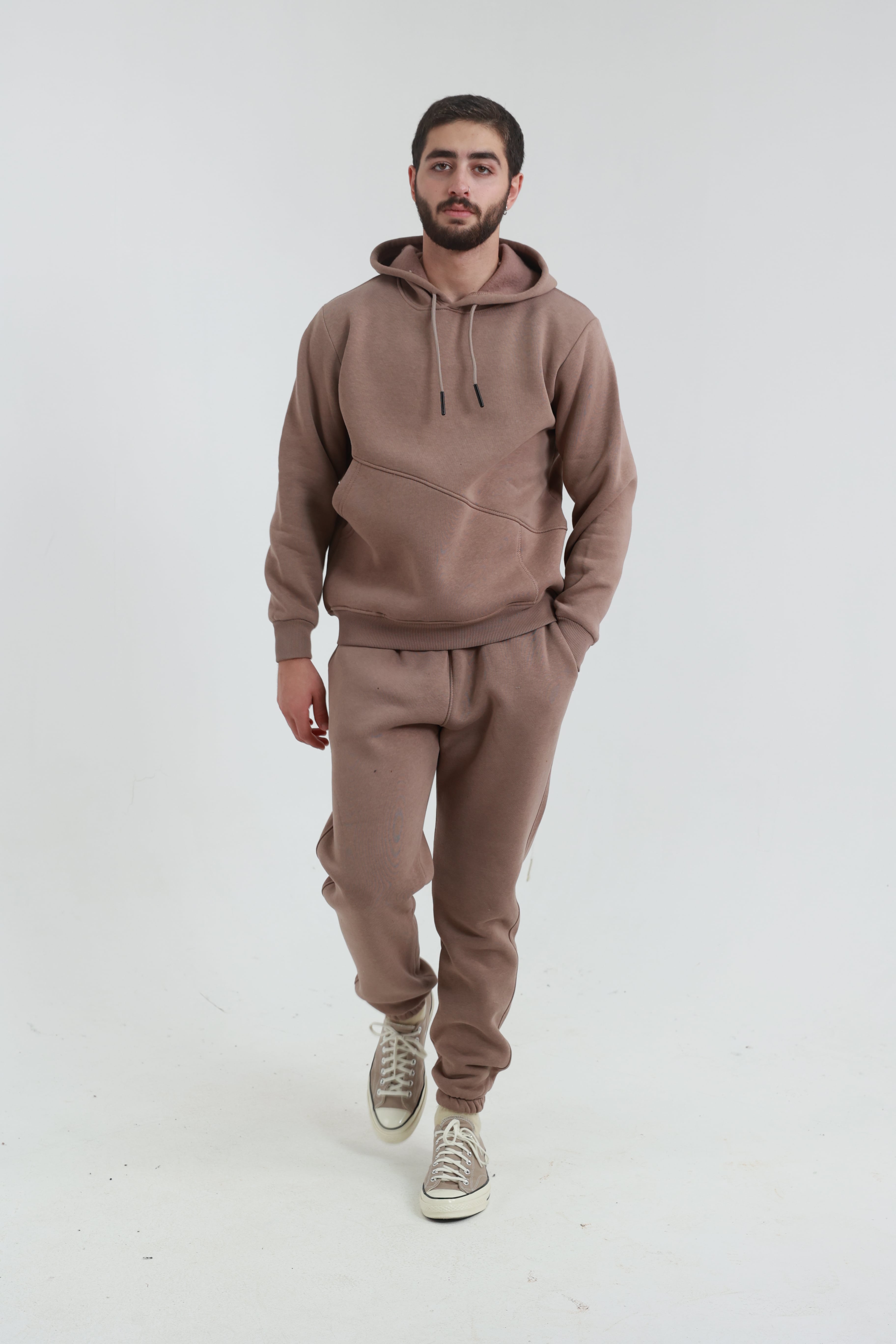 Kahverengi Erkek Penye Regular Fit Yandan Cepli Sweatshirt 3 İplik Eşofman Takım
