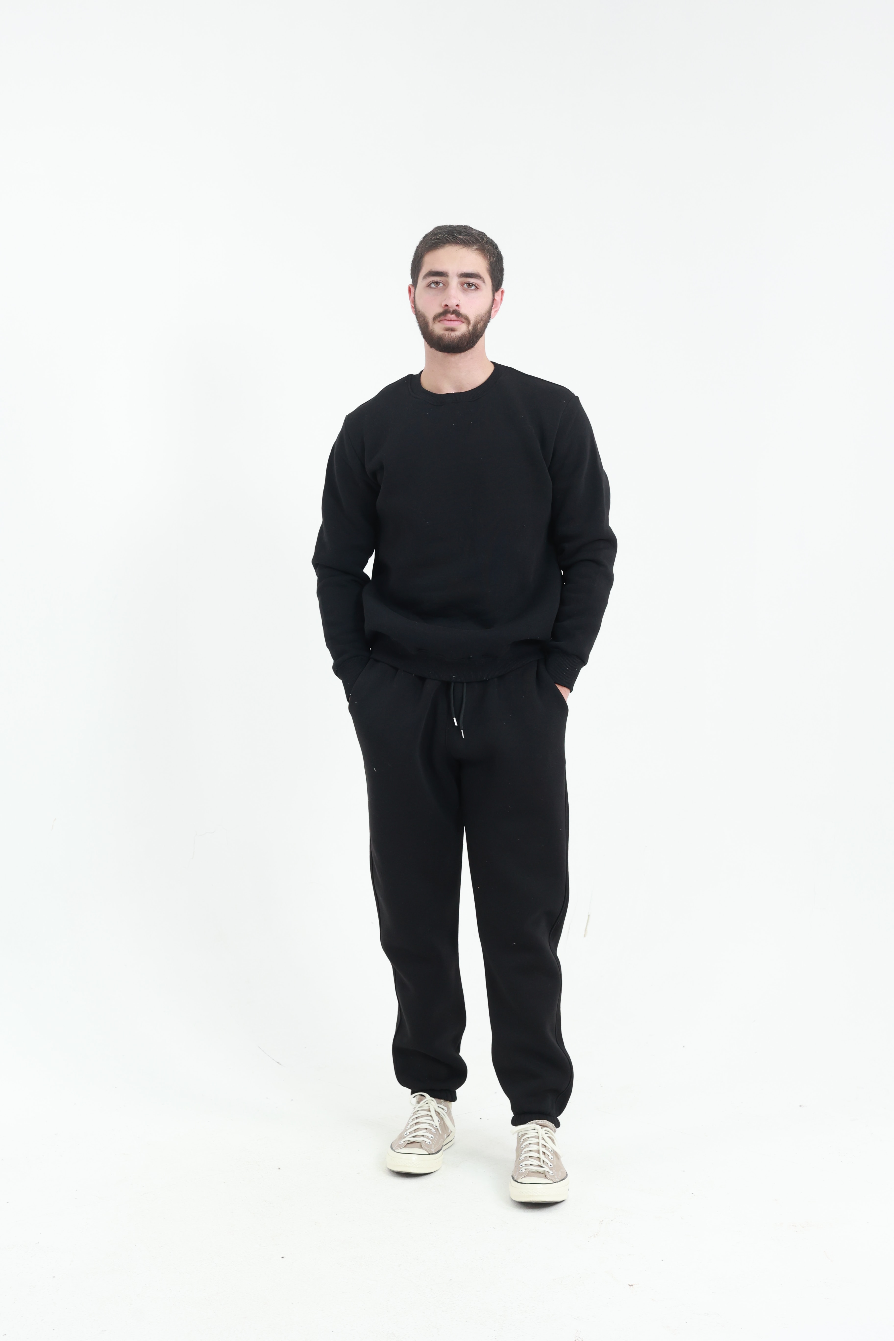 Siyah Penye Regular Fit Bisiklet Yaka 3 İplik Eşofman Takım