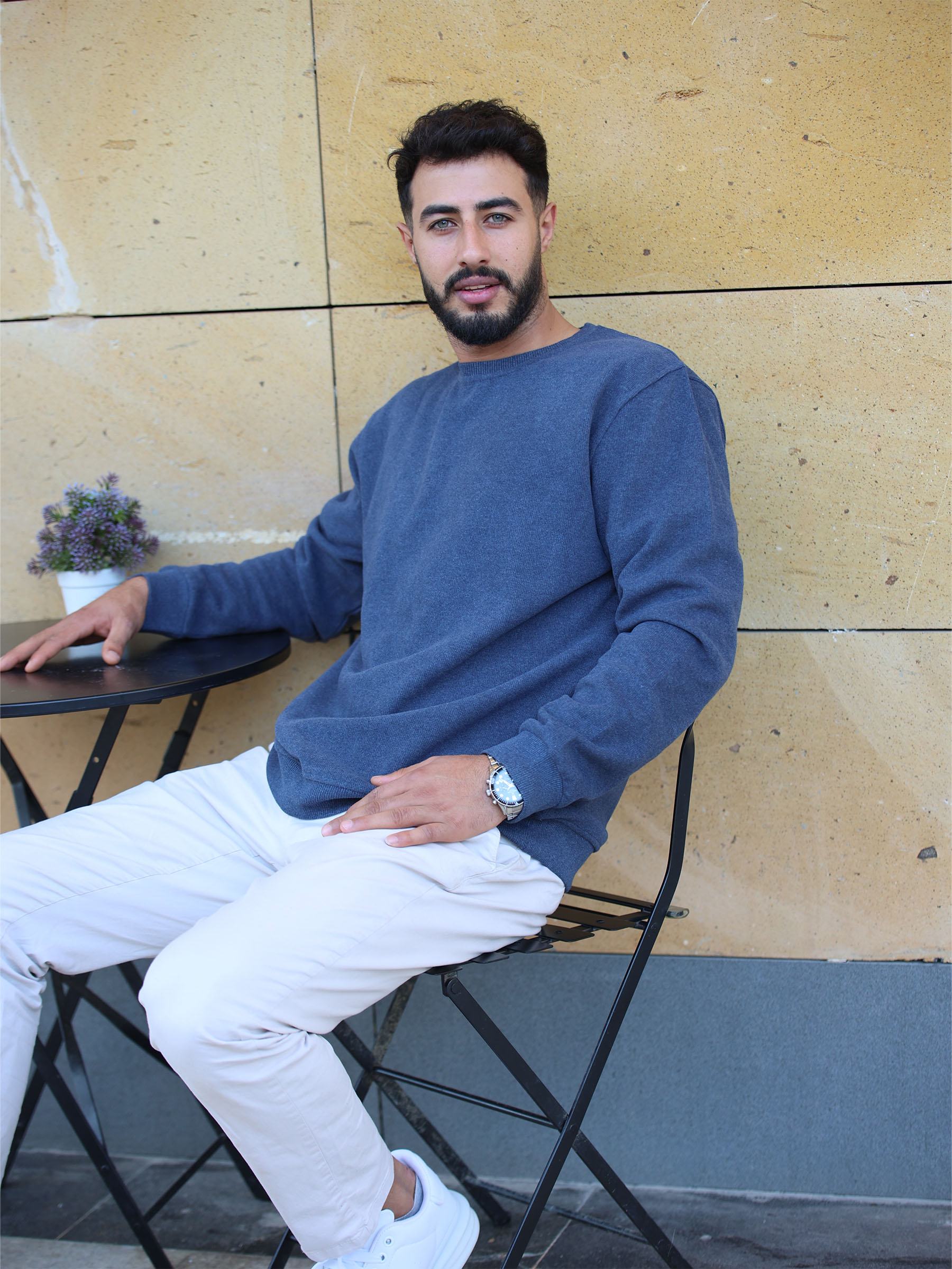 İndigo Selanik Kumaş Bisiklet Yaka Sweatshirt