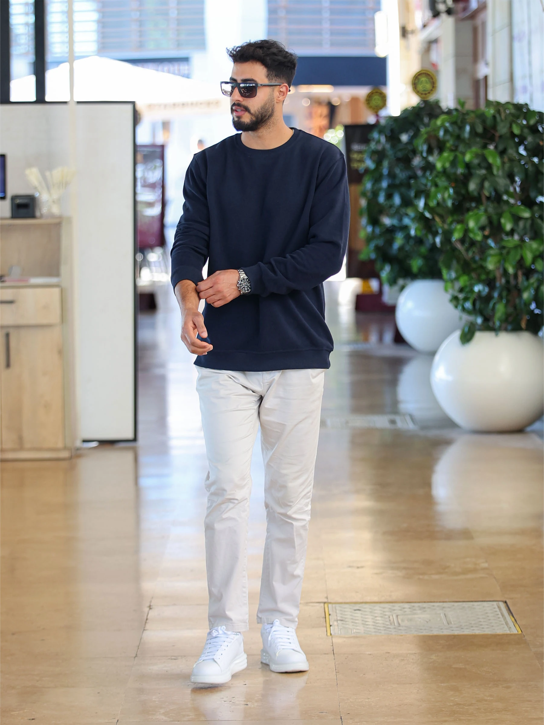 Lacivert Selanik Kumaş Bisiklet Yaka Sweatshirt