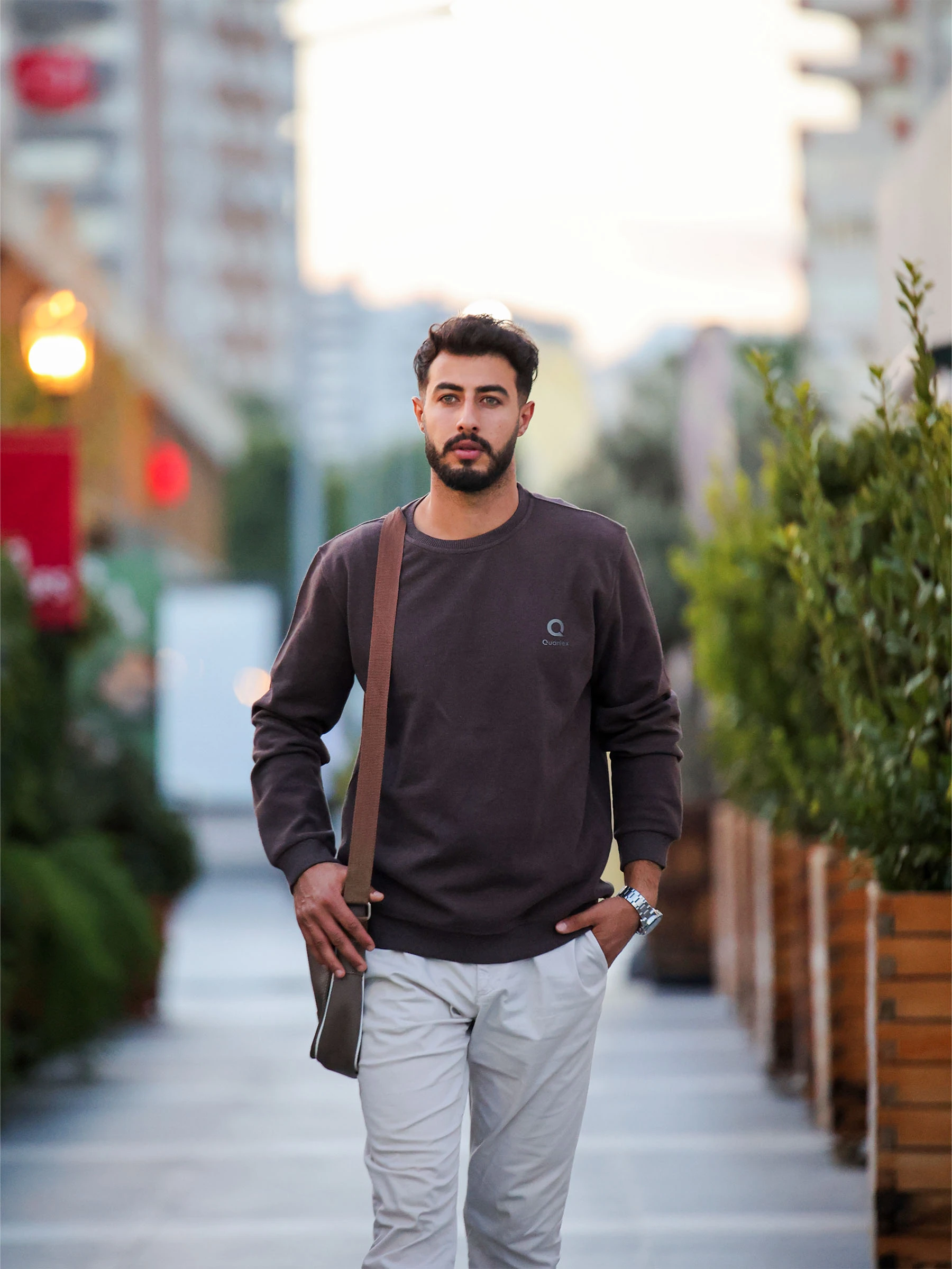 Kahverengi Quanlex Selanik Kumaş Bisiklet Yaka Sweatshirt