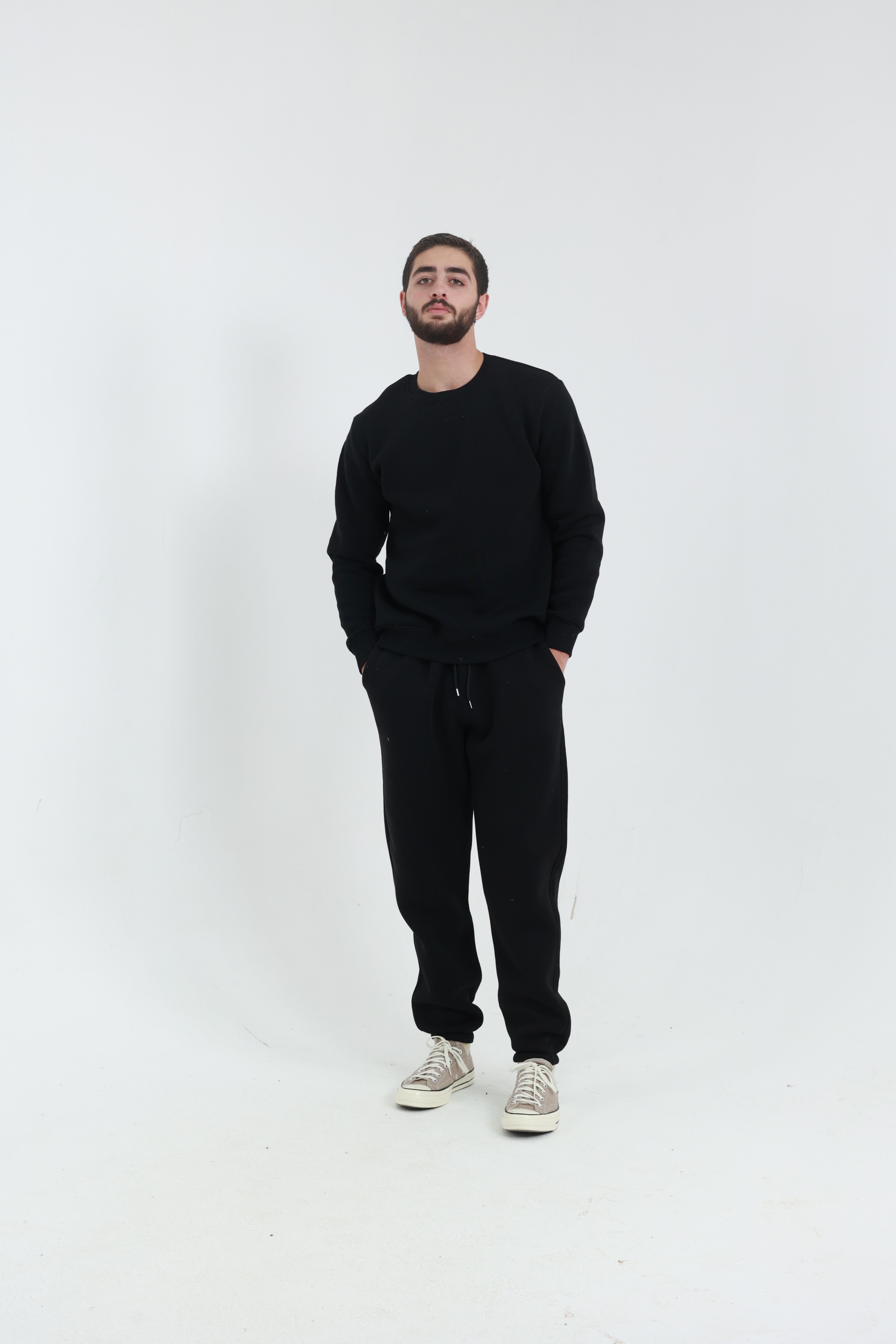 Siyah Penye Regular Fit Bisiklet Yaka 3 İplik Eşofman Takım