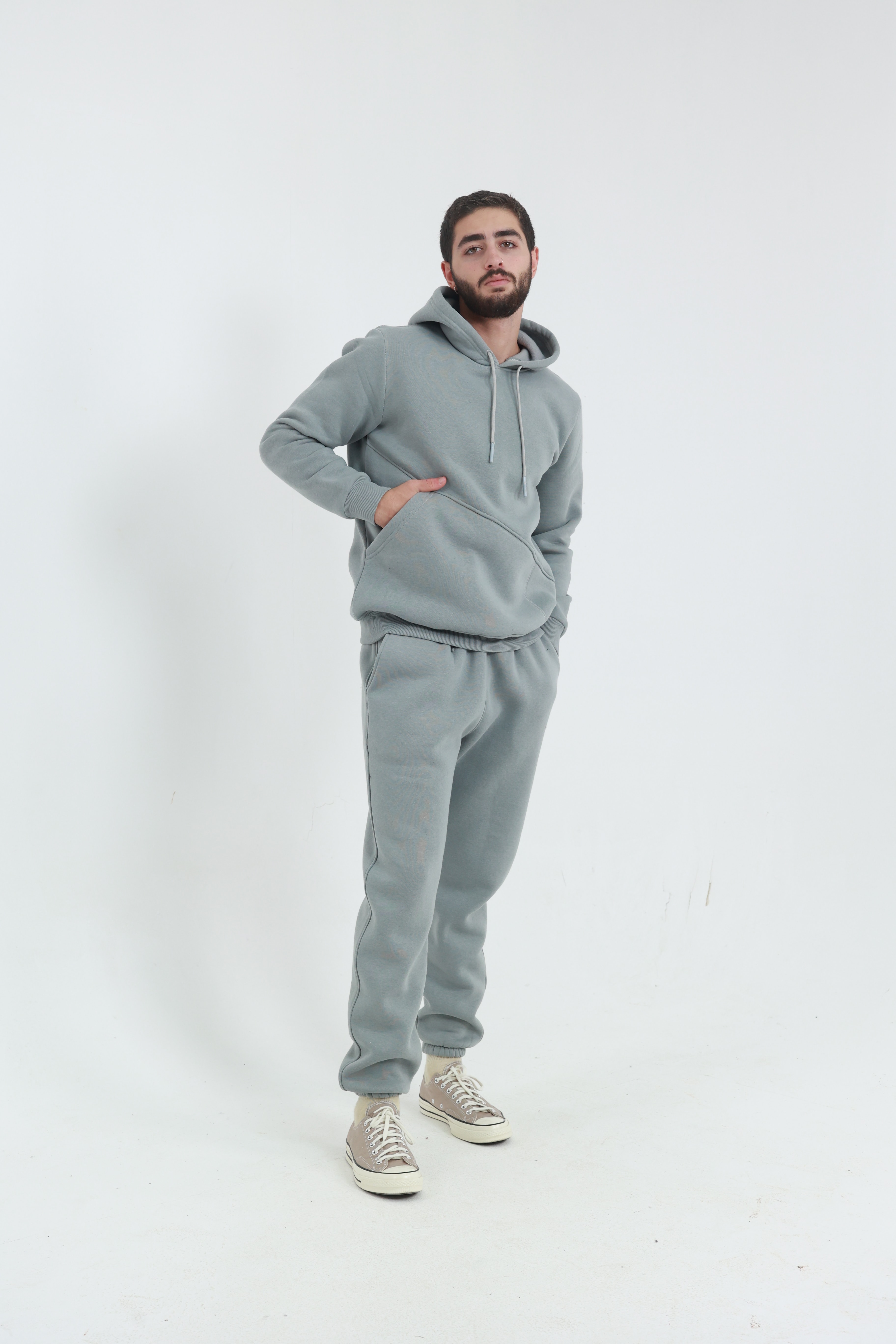 Gri Erkek Penye Regular Fit Yandan Cepli Sweatshirt 3 İplik Eşofman Takım