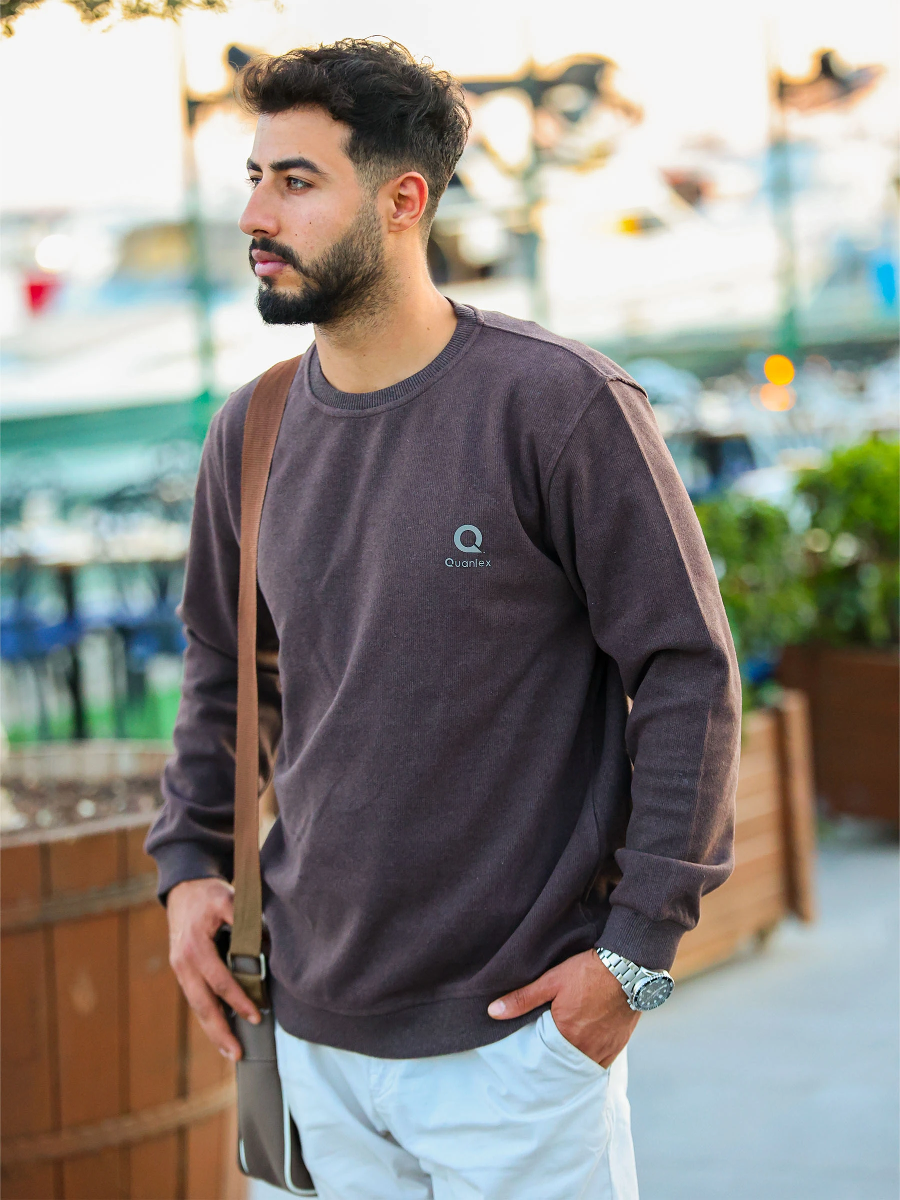 Kahverengi Quanlex Selanik Kumaş Bisiklet Yaka Sweatshirt