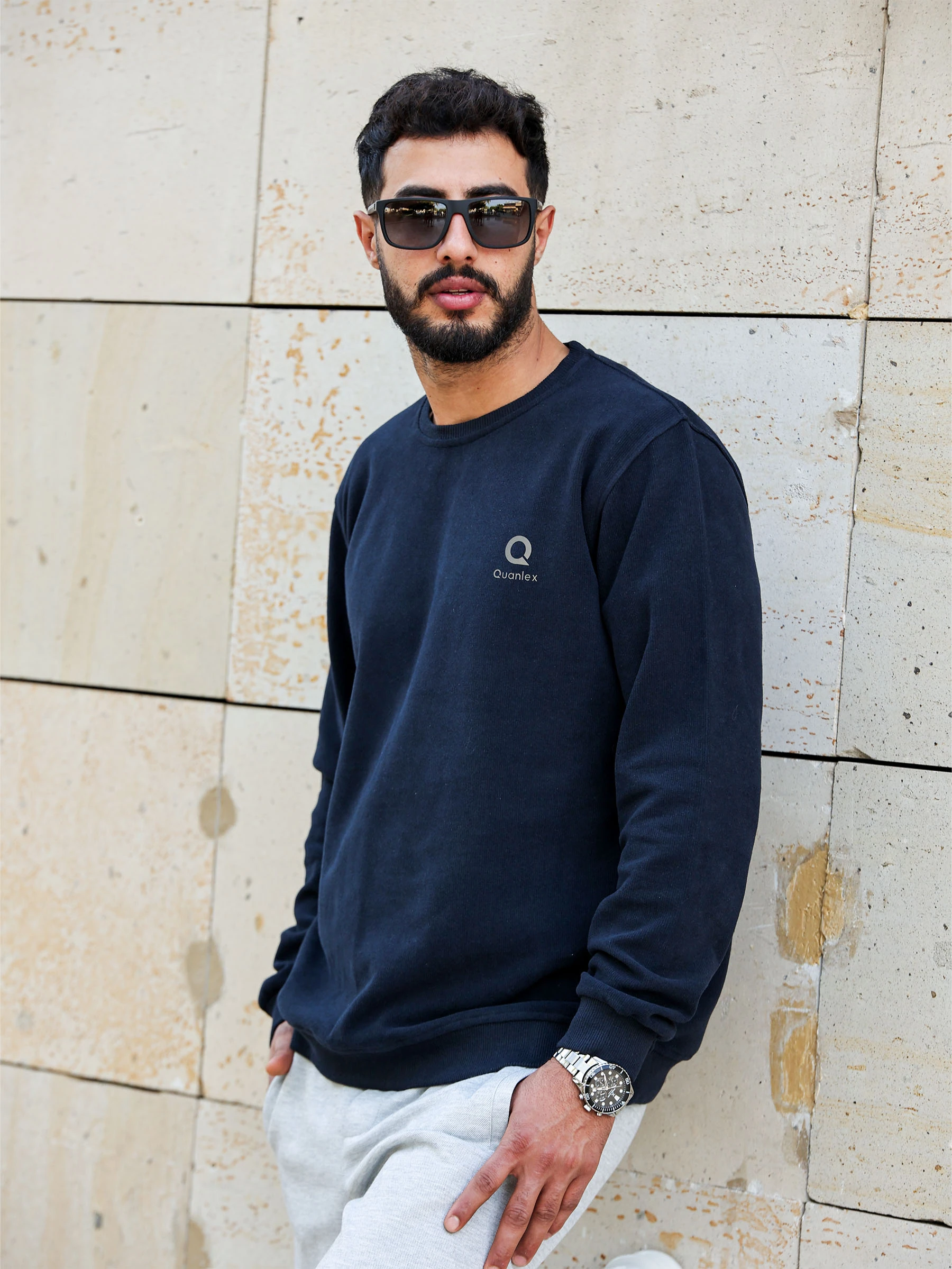 Lacivert Quanlex Selanik Kumaş Bisiklet Yaka Sweatshirt