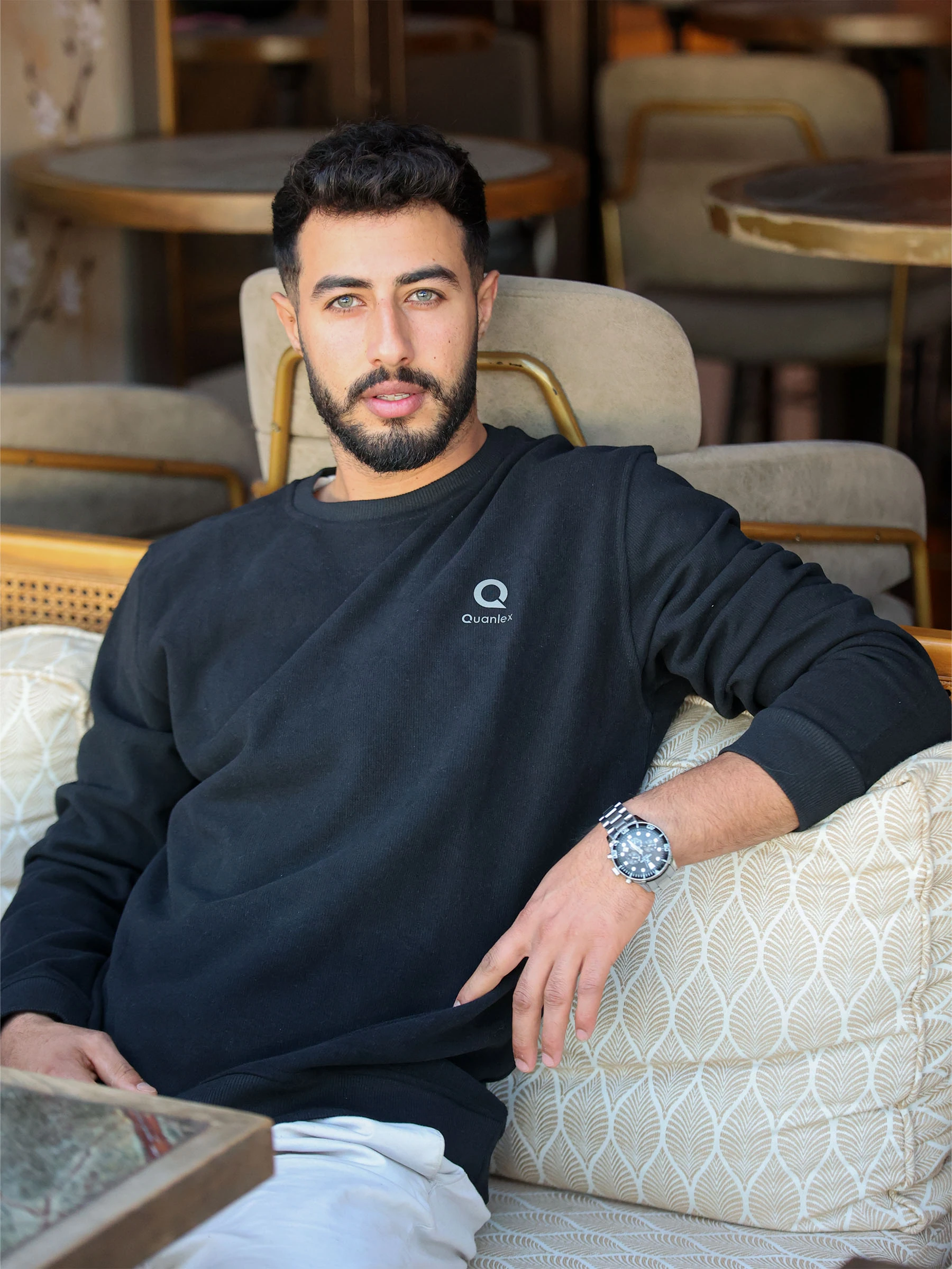 Siyah Quanlex Selanik Kumaş Bisiklet Yaka Sweatshirt