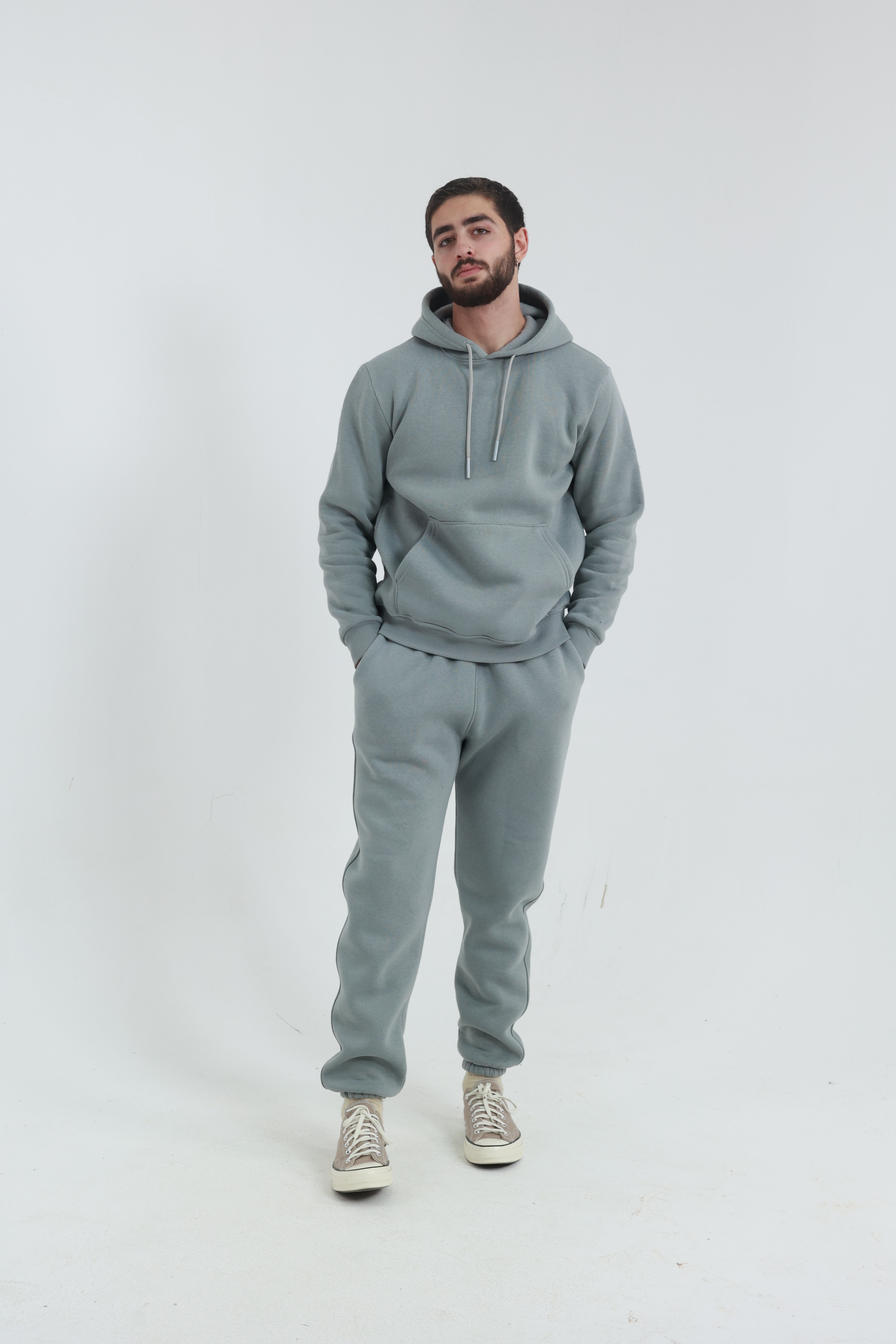 Gri Penye Regular Fit Kanguru Cepli Sweatshirt 3 İplik Eşofman Takım