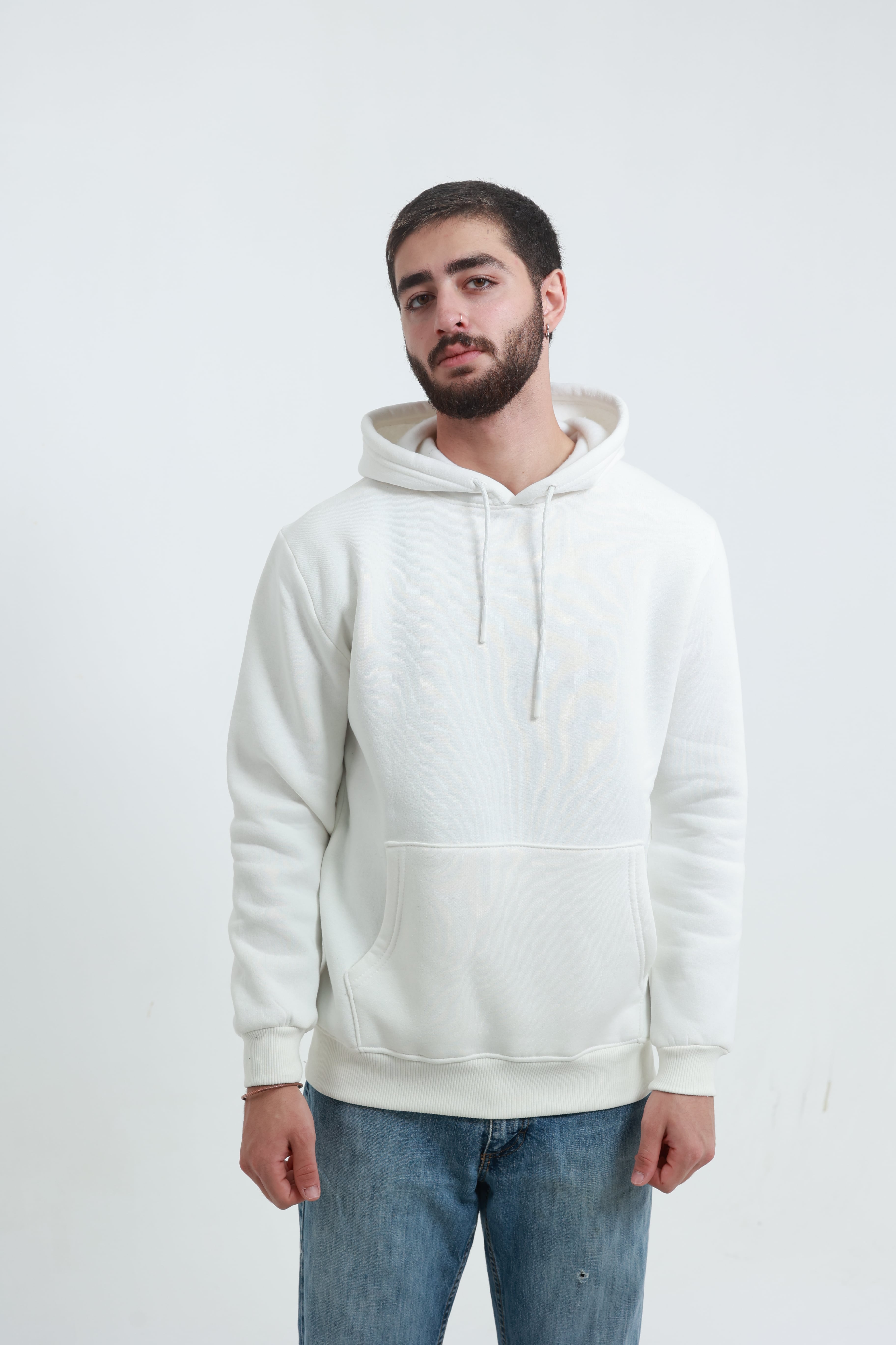 Kanguru Cepli Sweatshirt 3 İplik Beyaz