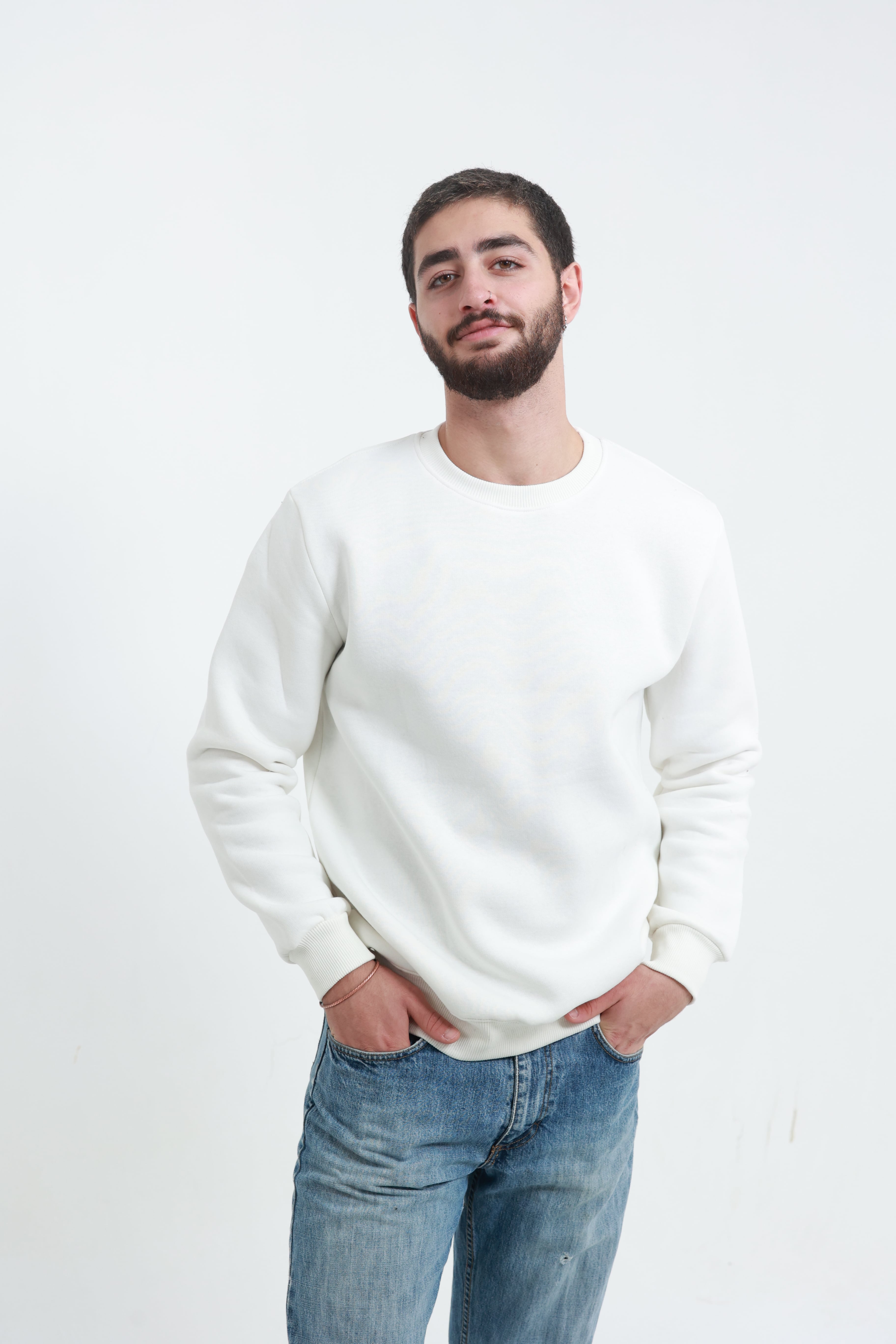 Beyaz Erkek Bisiklet Yaka Sweatshirt